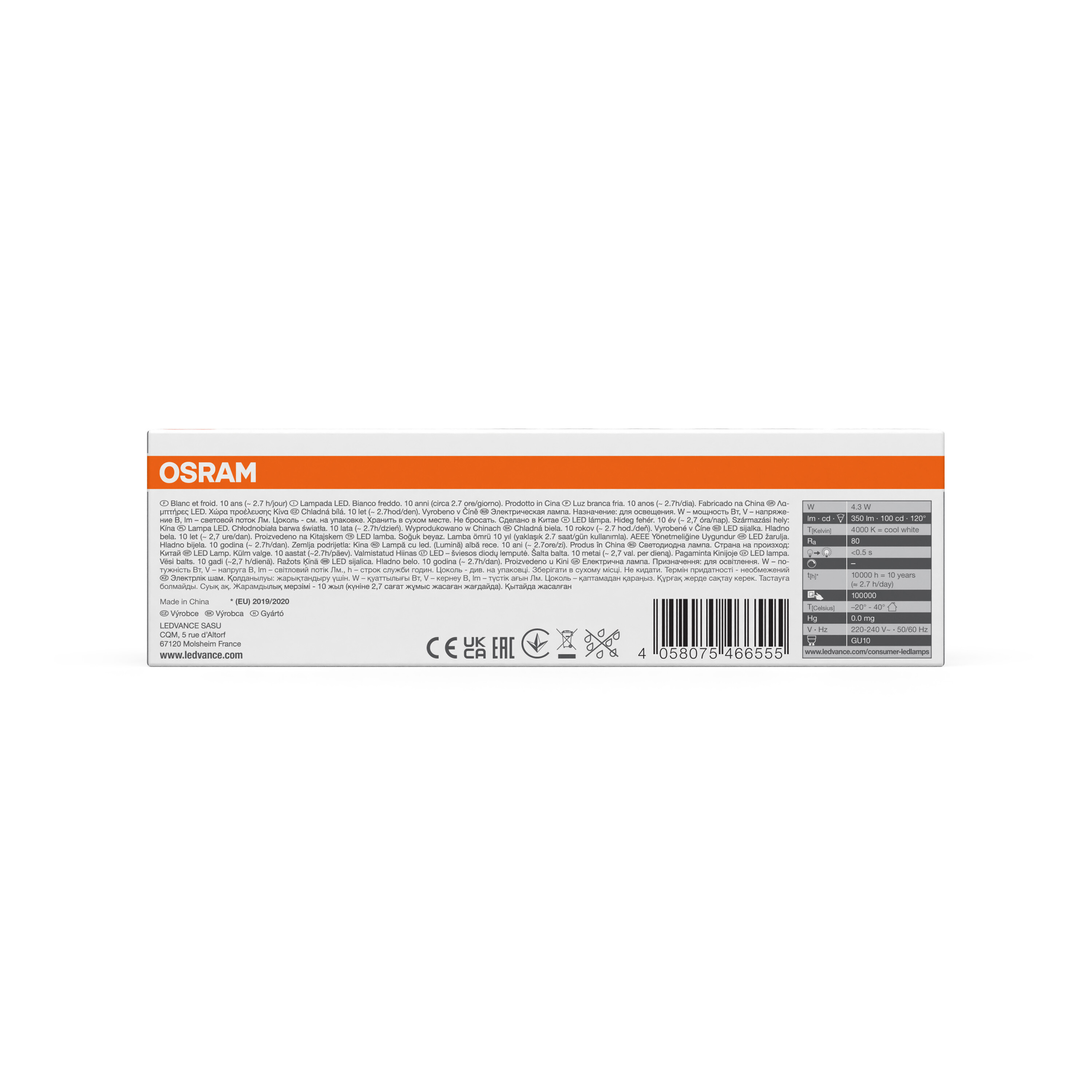 Ein Etikett mit dem OSRAM-Logo und Produktinformationen. Die Verpackung deutet auf LED-Produkt hin.