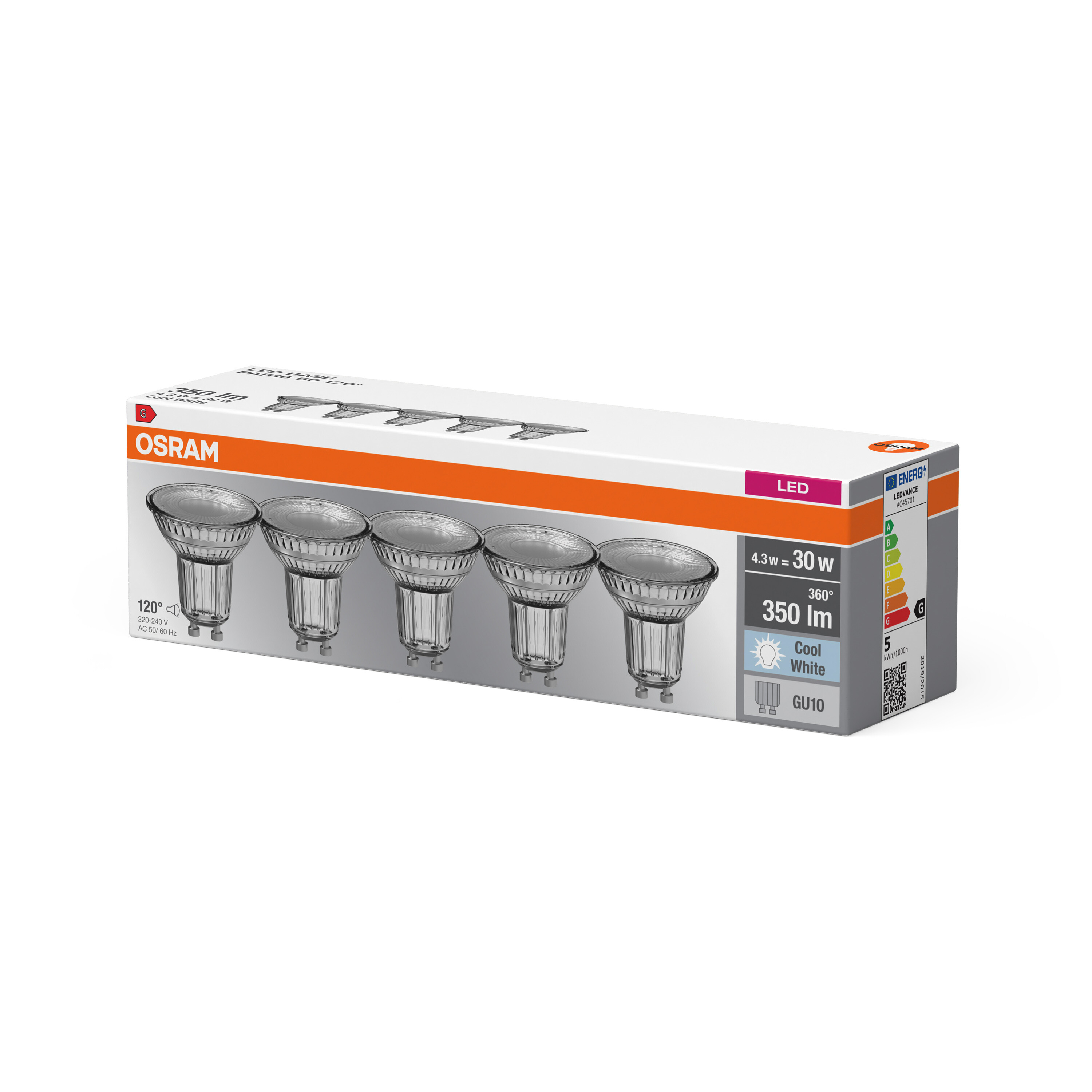 Eine Packung mit LED GU10-Glühbirnen mit OSRAM-Logo. Die Schachtel zeigt, dass die Birnen kaltweiß sind.