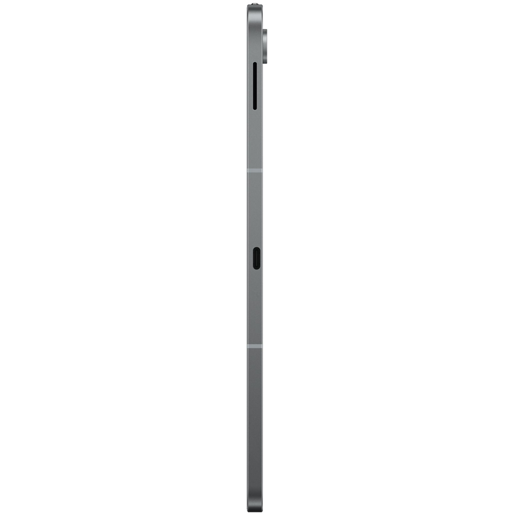 Widok z boku szarego tabletu Samsung Galaxy Tab S10 FE+ 5G. Ekran jest czarny.