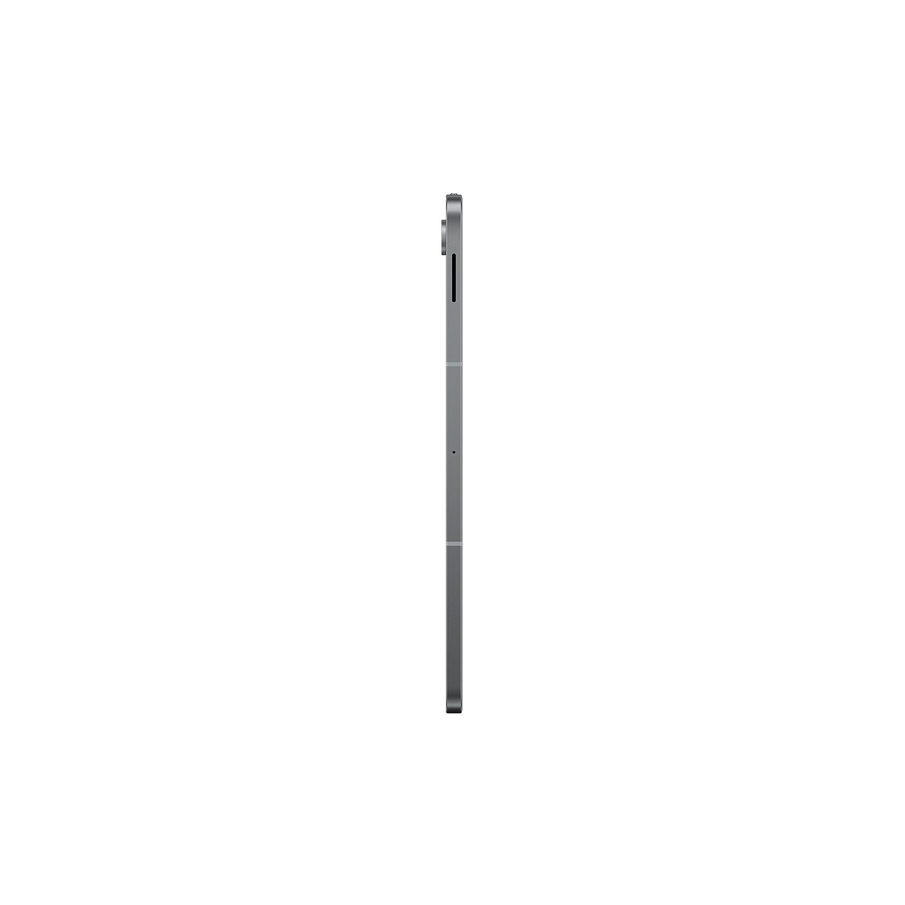 Widok z boku szarego tabletu Samsung Galaxy Tab S10 FE+. Ekran jest czarny.