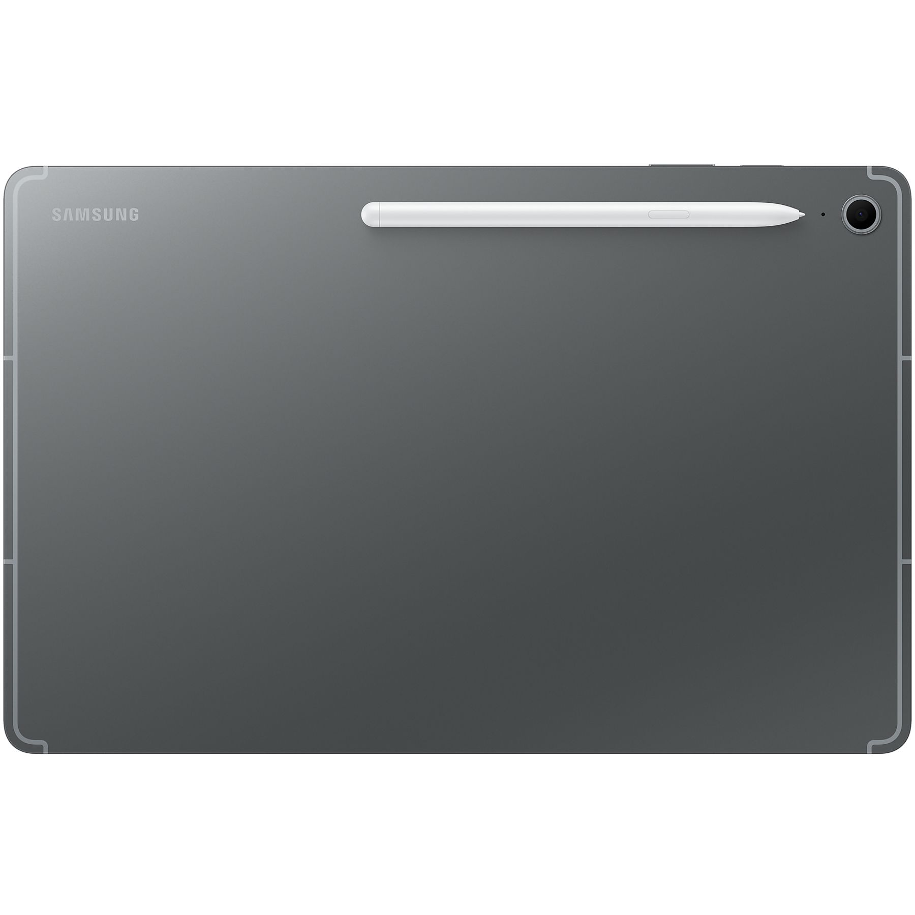 Widok z tyłu szarego tabletu Samsung Galaxy Tab S10 FE+ 5G z dołączonym rysikiem.