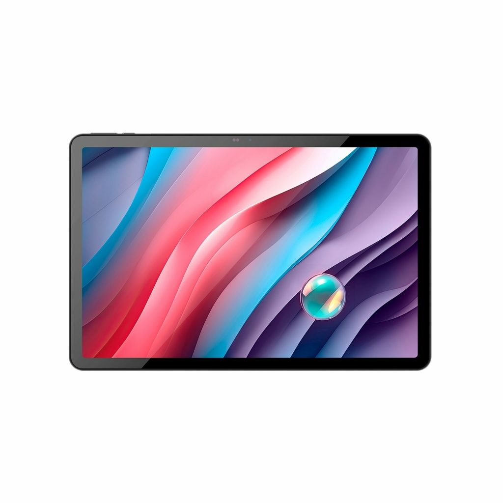Un tablet con uno sfondo colorato, onde rosse, blu e viola. Ha una fotocamera.