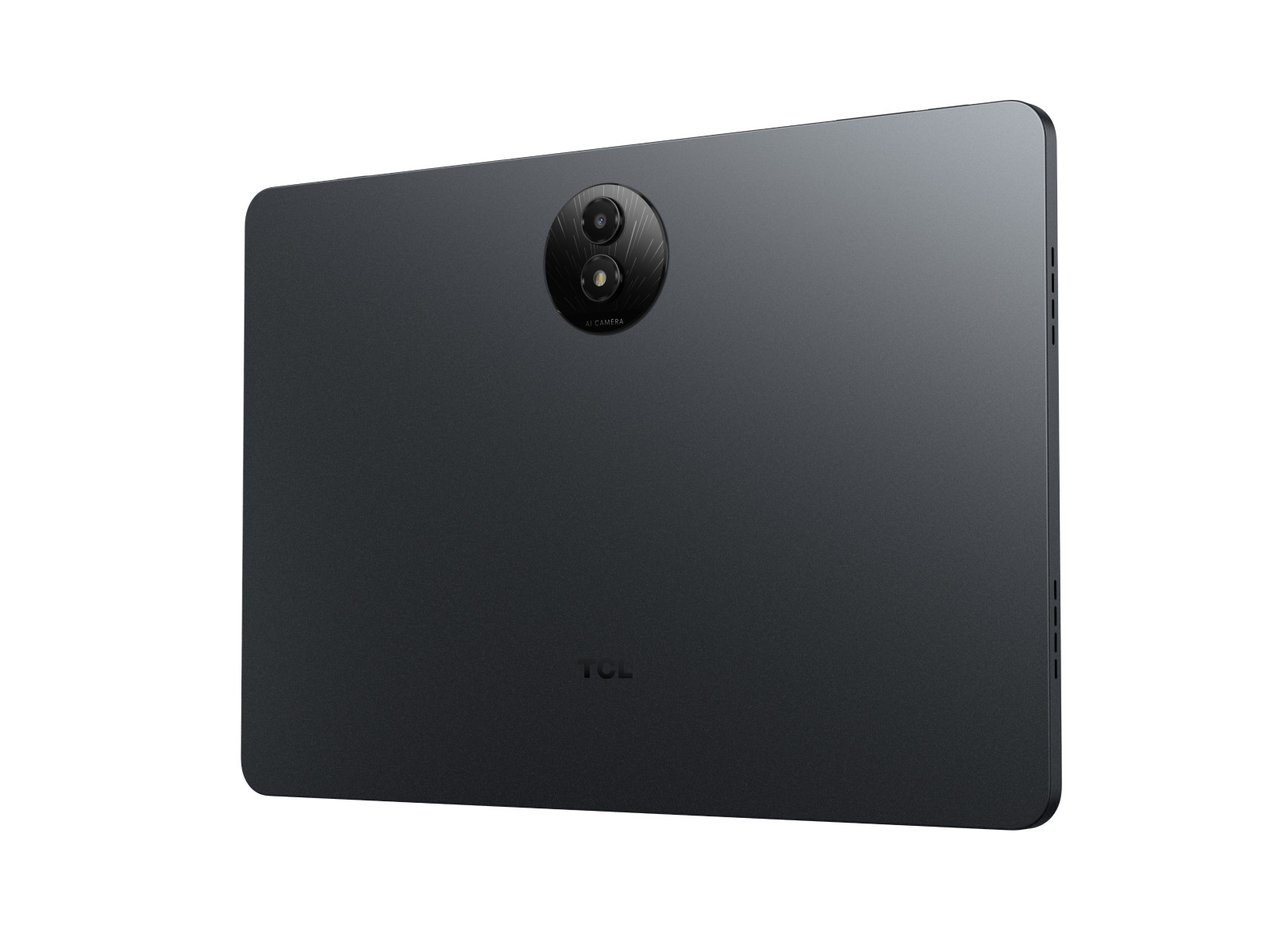Achterkant van een donkergrijze tablet. Een camera is zichtbaar in een ronde module. Het woord TCL staat eronder.