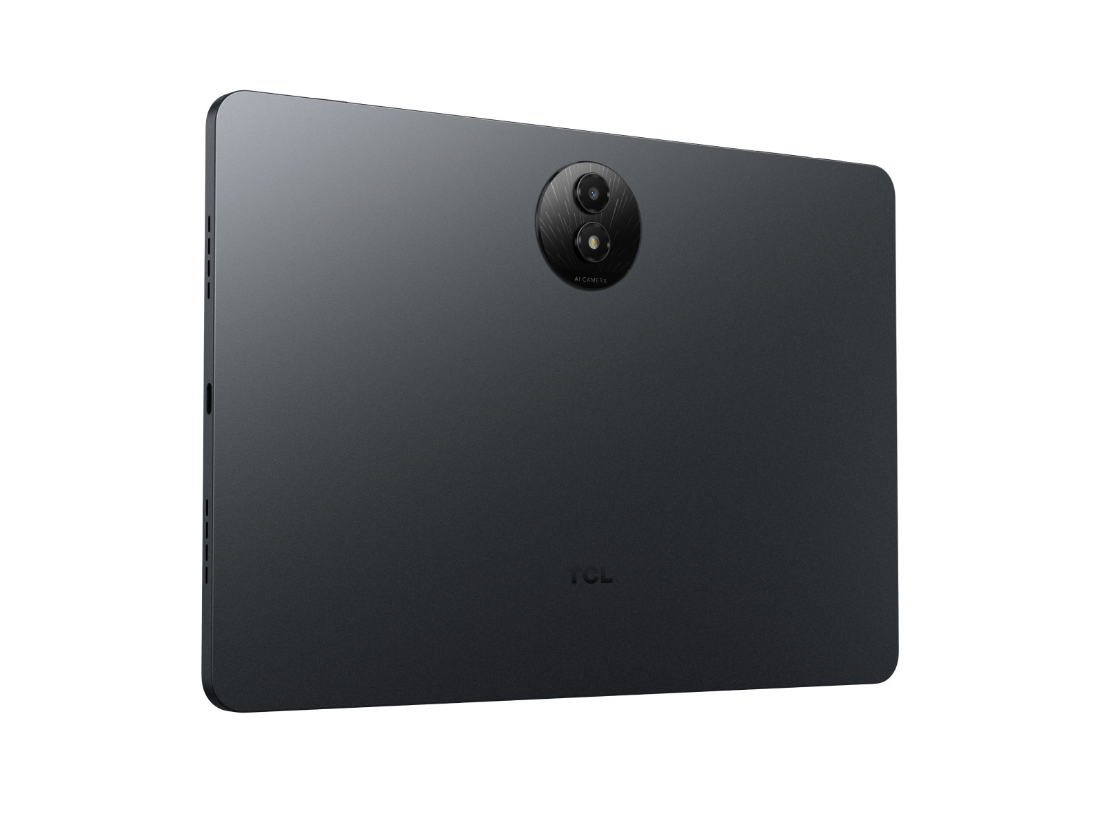 Achterkant van een donkergrijze tablet. Een camera is zichtbaar in een ronde module. Het woord TCL staat eronder.