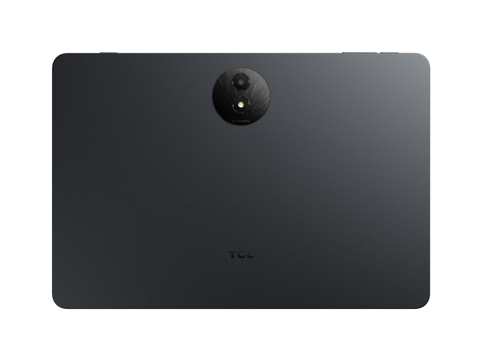 Achterkant van een donkergrijze tablet. Een camera is zichtbaar in een ronde module. Het woord TCL staat eronder.