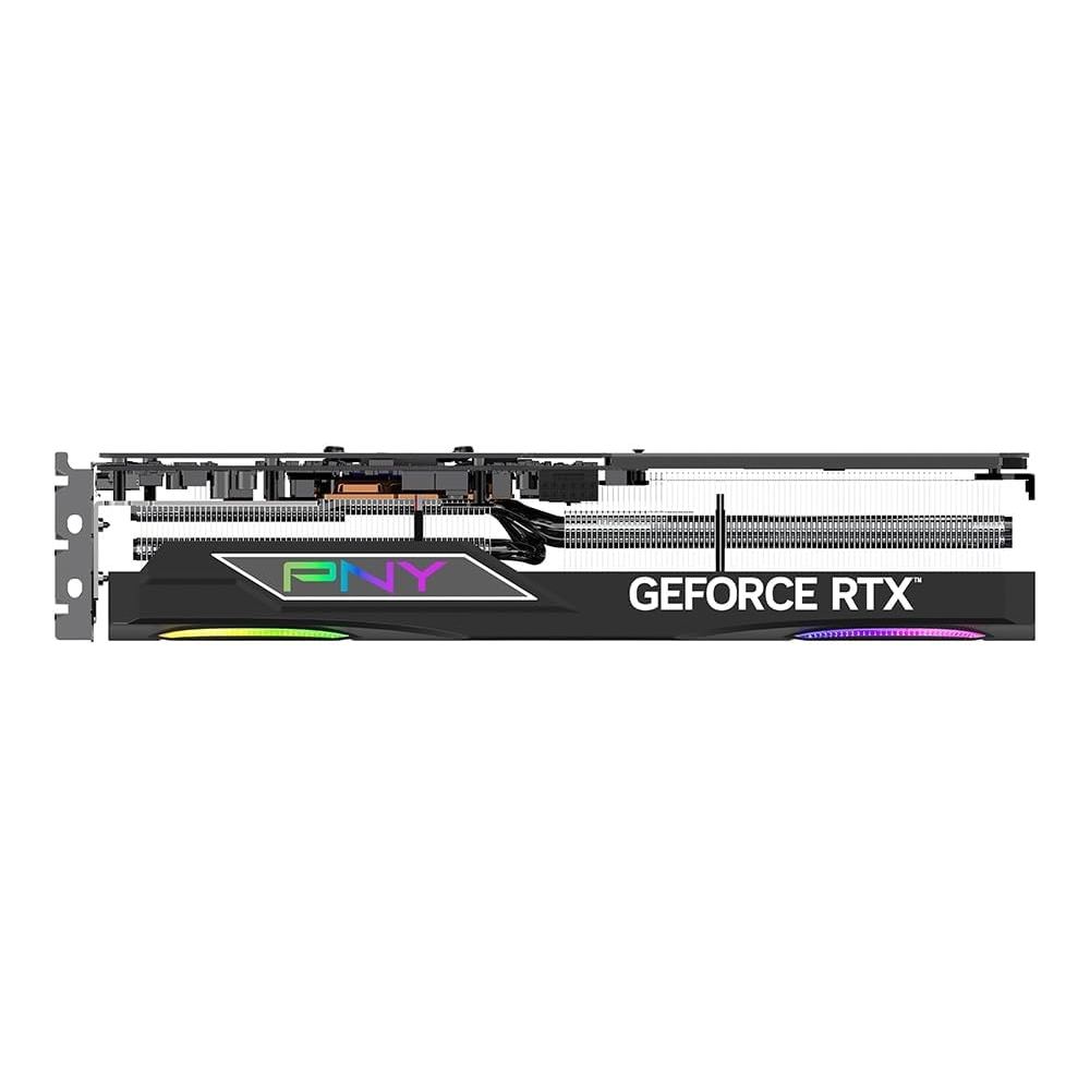 Karta graficzna z trzema wentylatorami i oświetleniem LED. Widoczne logo PNY i napis GeForce RTX. Czarno-szary design.