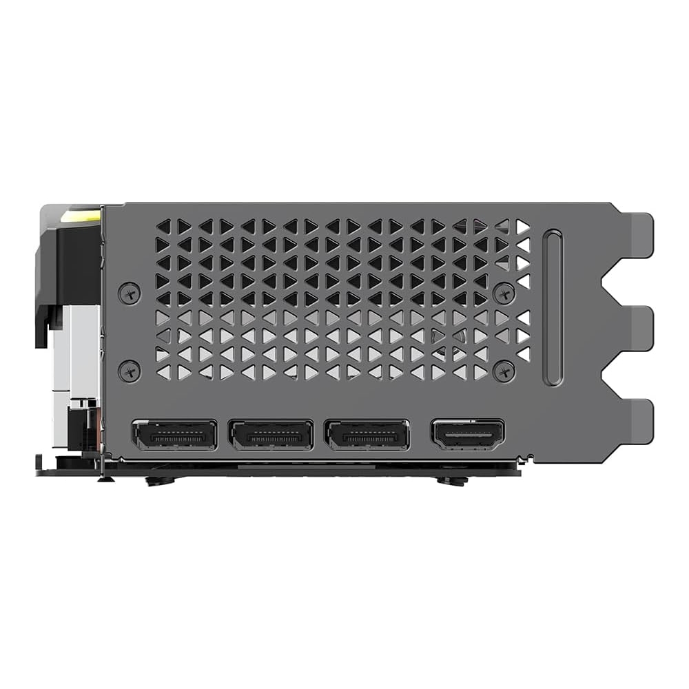 Widok z boku karty graficznej, pokazujący porty i panel metalowy z wzorem.