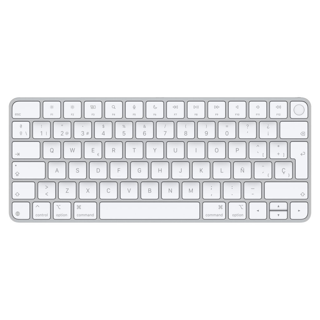 Widok z góry na srebrną klawiaturę Apple Magic Keyboard, z klawiszami i białym tłem.