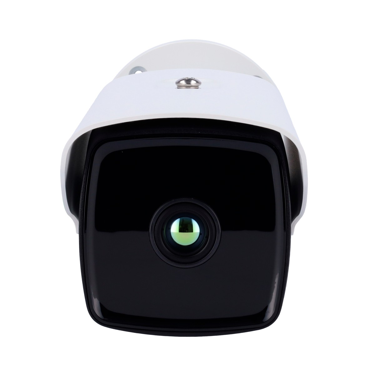 Primo piano di una telecamera di sicurezza. Ha un frontale nero con lente, parte superiore bianca e staffa.