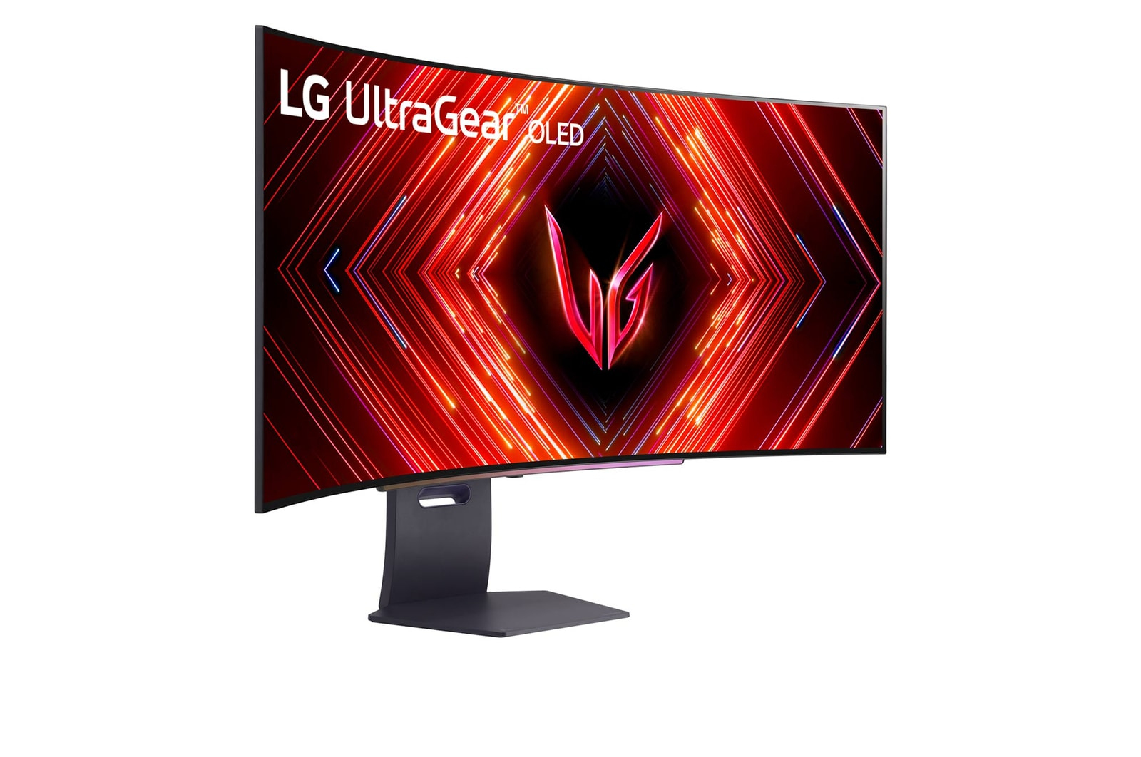 Zakrzywiony monitor, widok z kąta. Wyświetla czerwono-czarną grafikę i logo LG UltraGear OLED.
