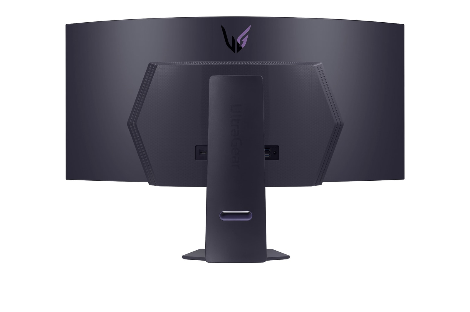 Tył czarnego zakrzywionego monitora. Posiada podstawkę, fioletowe logo i fioletowe akcenty.