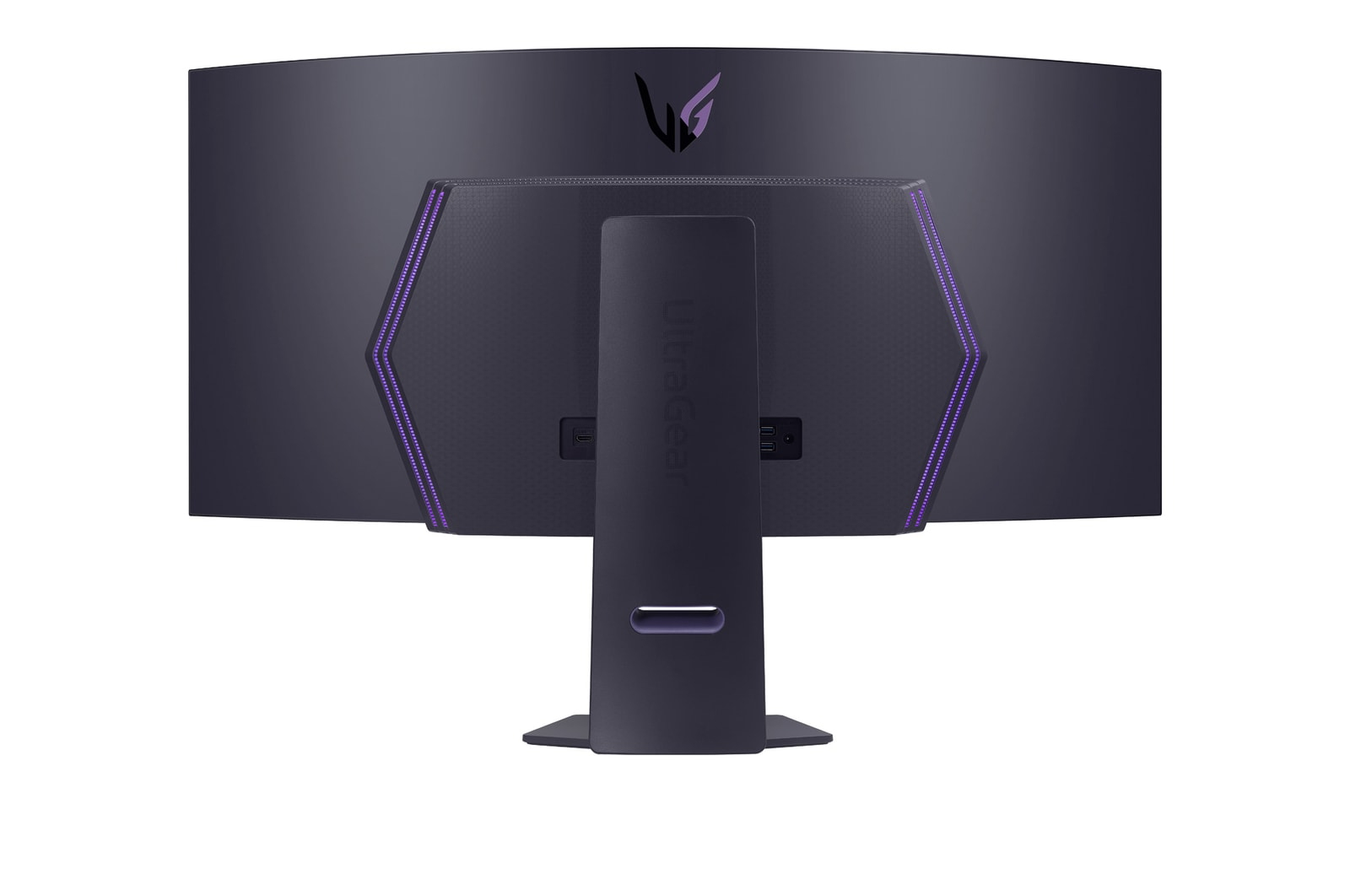 Tył czarnego zakrzywionego monitora. Posiada podstawkę, fioletowe logo i fioletowe akcenty.