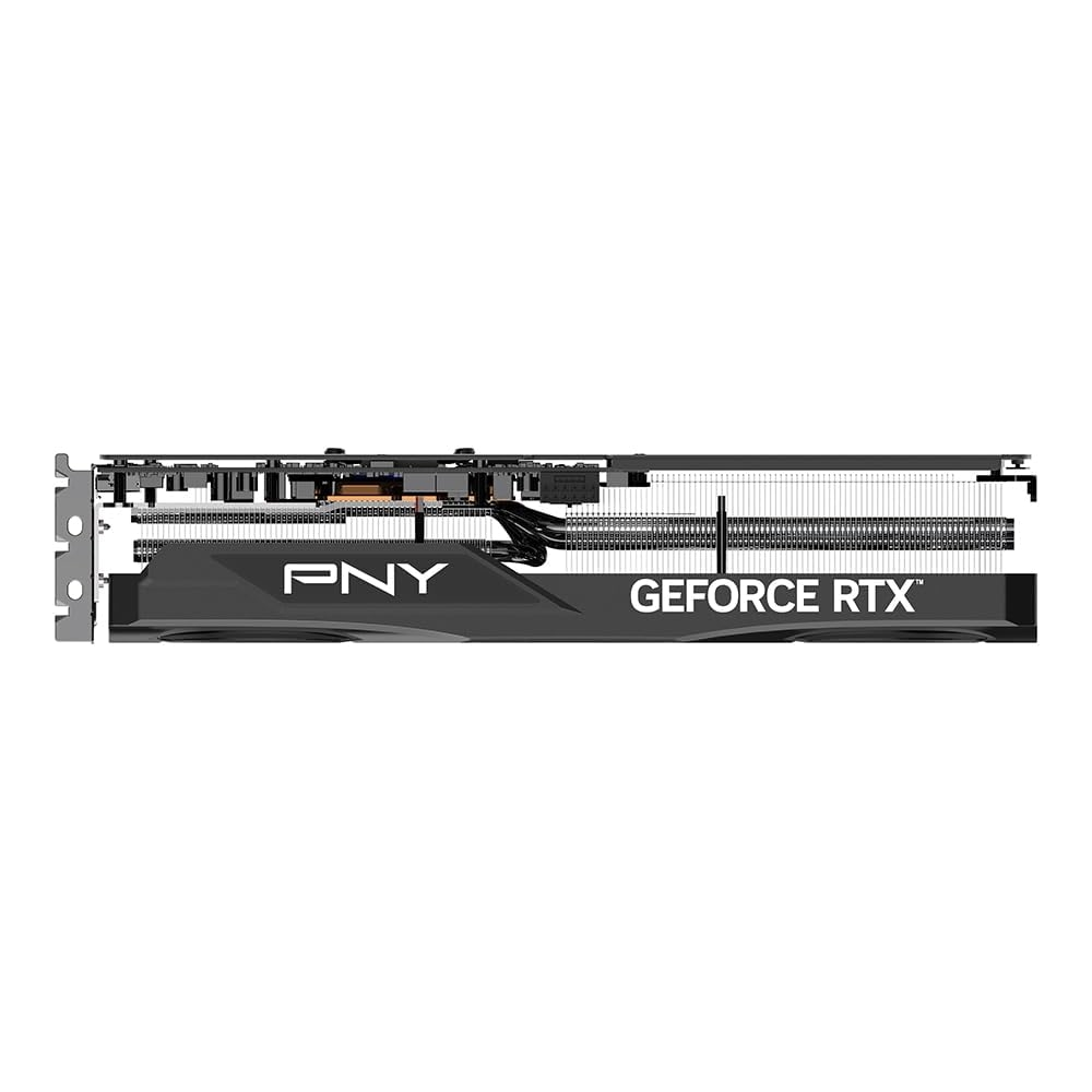 Karta graficzna PNY GeForce RTX, czarna, na białym tle. Karta pokazuje logo PNY i GeForce RTX.
