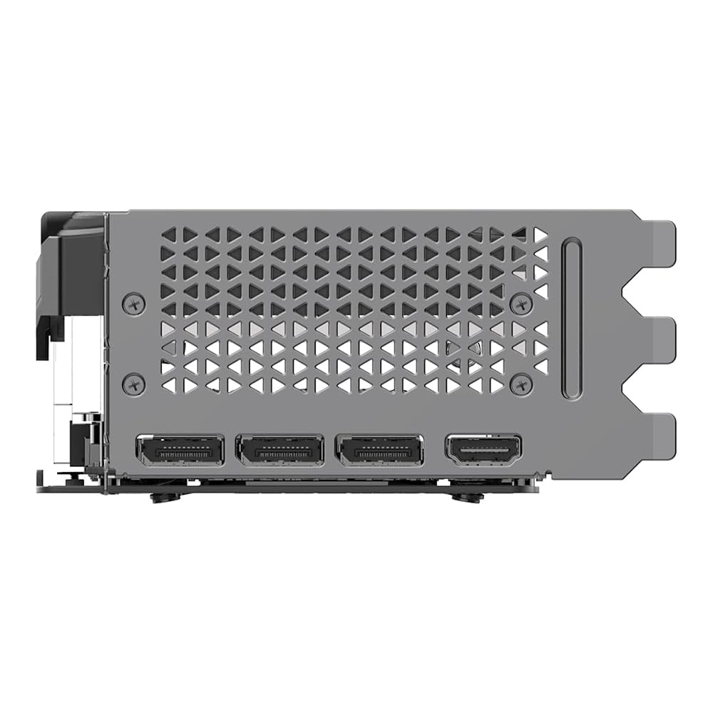 Widok z boku karty graficznej, z otworami wentylacyjnymi i portami do podłączania wyświetlaczy.