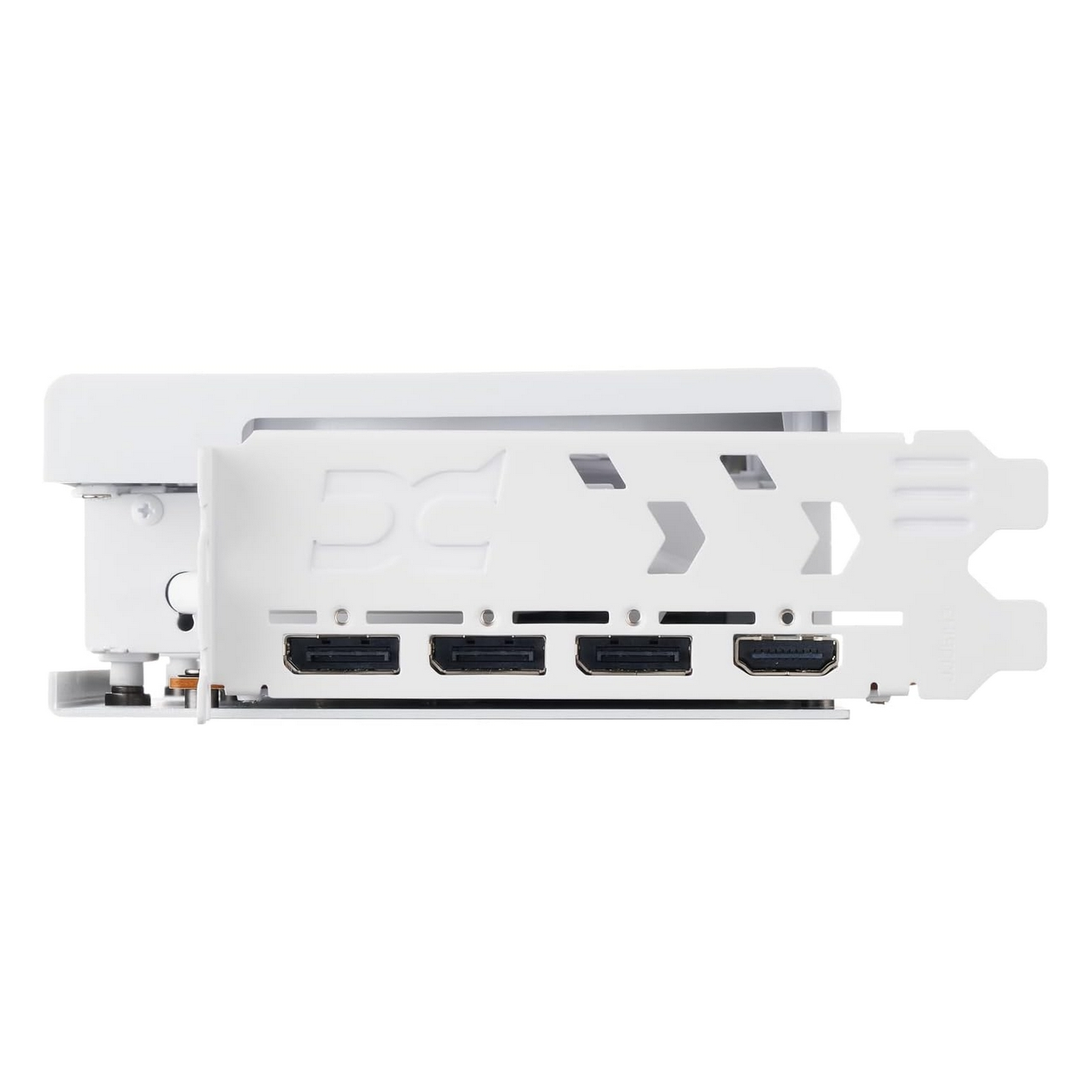 Biała karta graficzna z czterema portami HDMI. Karta ma białą ramkę i obudowę. Płyta tylna ma biały design.