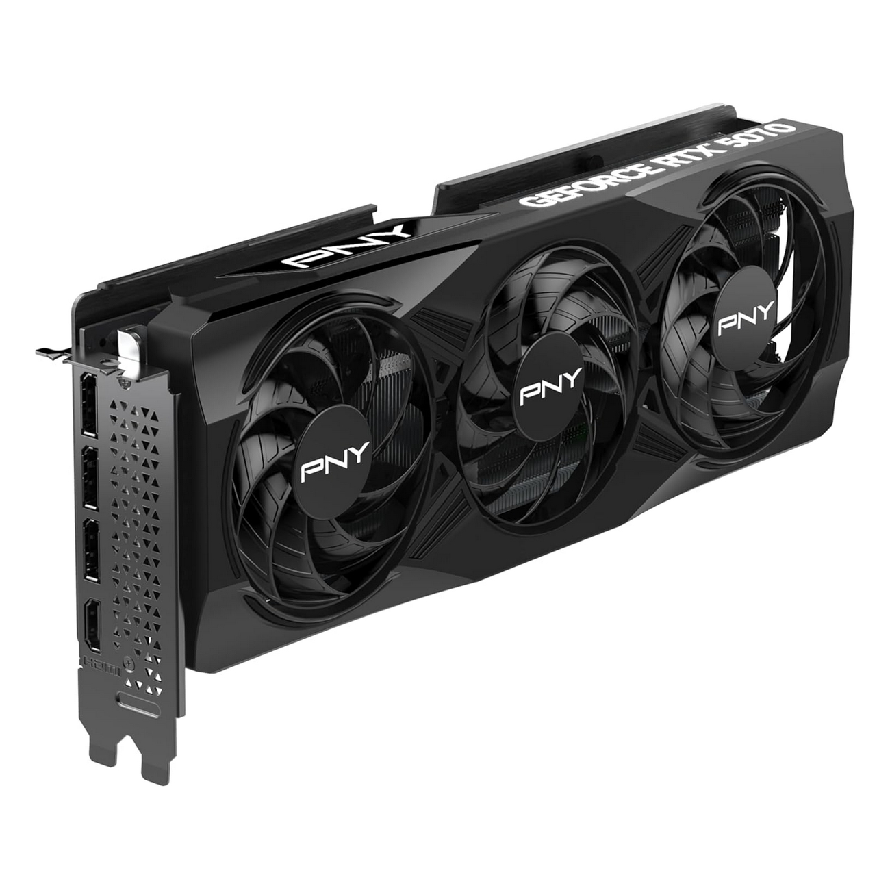 Czarna karta graficzna z trzema wentylatorami i napisem 'PNY GEFORCE RTX 5070'.