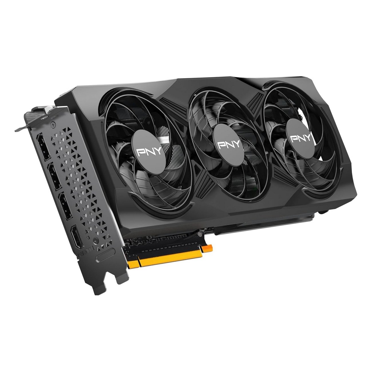 Czarna karta graficzna z trzema wentylatorami. Na każdym wentylatorze napis 'PNY'.