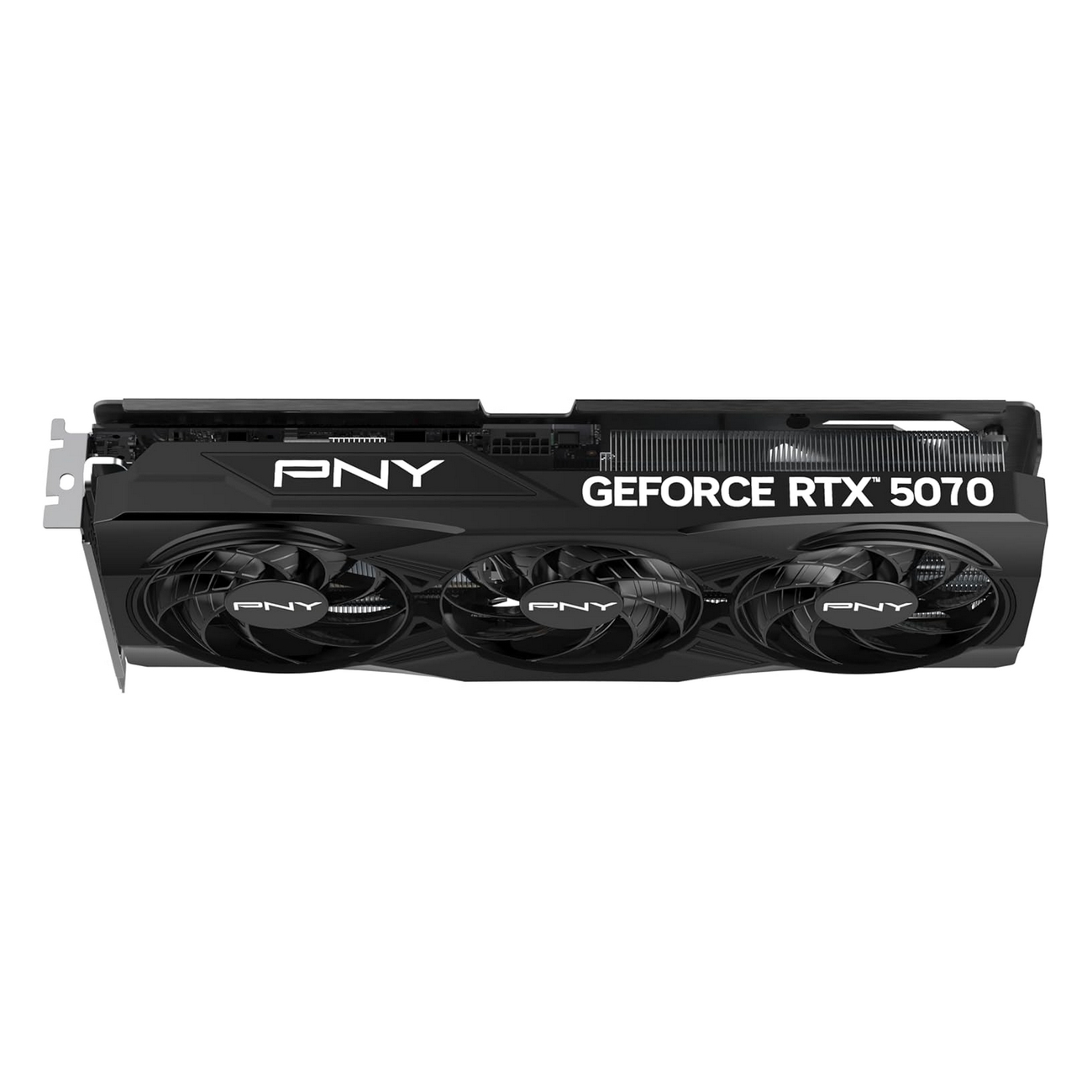 Czarna karta graficzna z trzema wentylatorami, napisy 'PNY' i 'GEFORCE RTX 5070'.