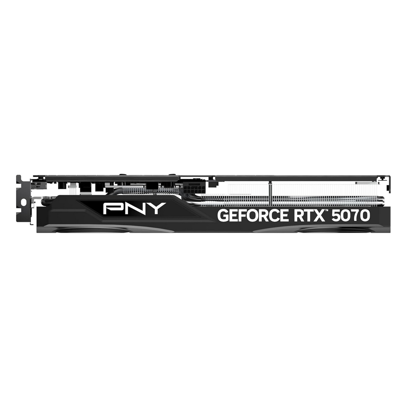 Czarna karta graficzna z tekstem 'PNY' i 'GEFORCE RTX 5070'.