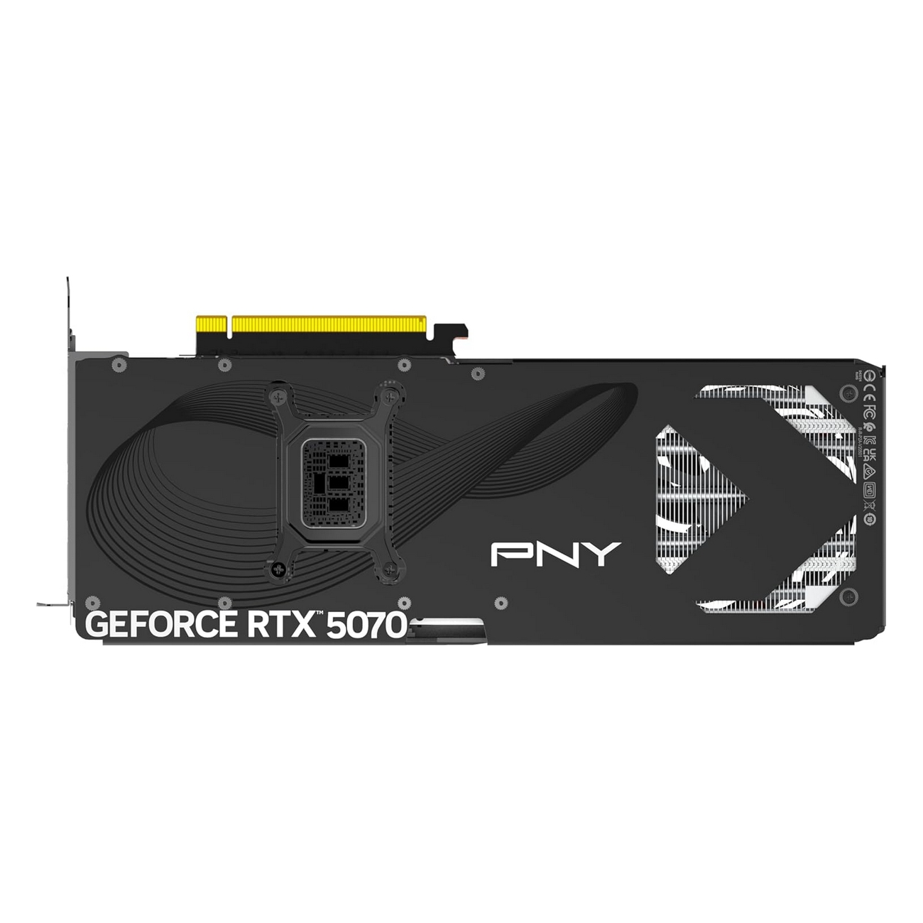 Tył czarnej karty graficznej z napisami 'PNY' i 'GEFORCE RTX 5070'.