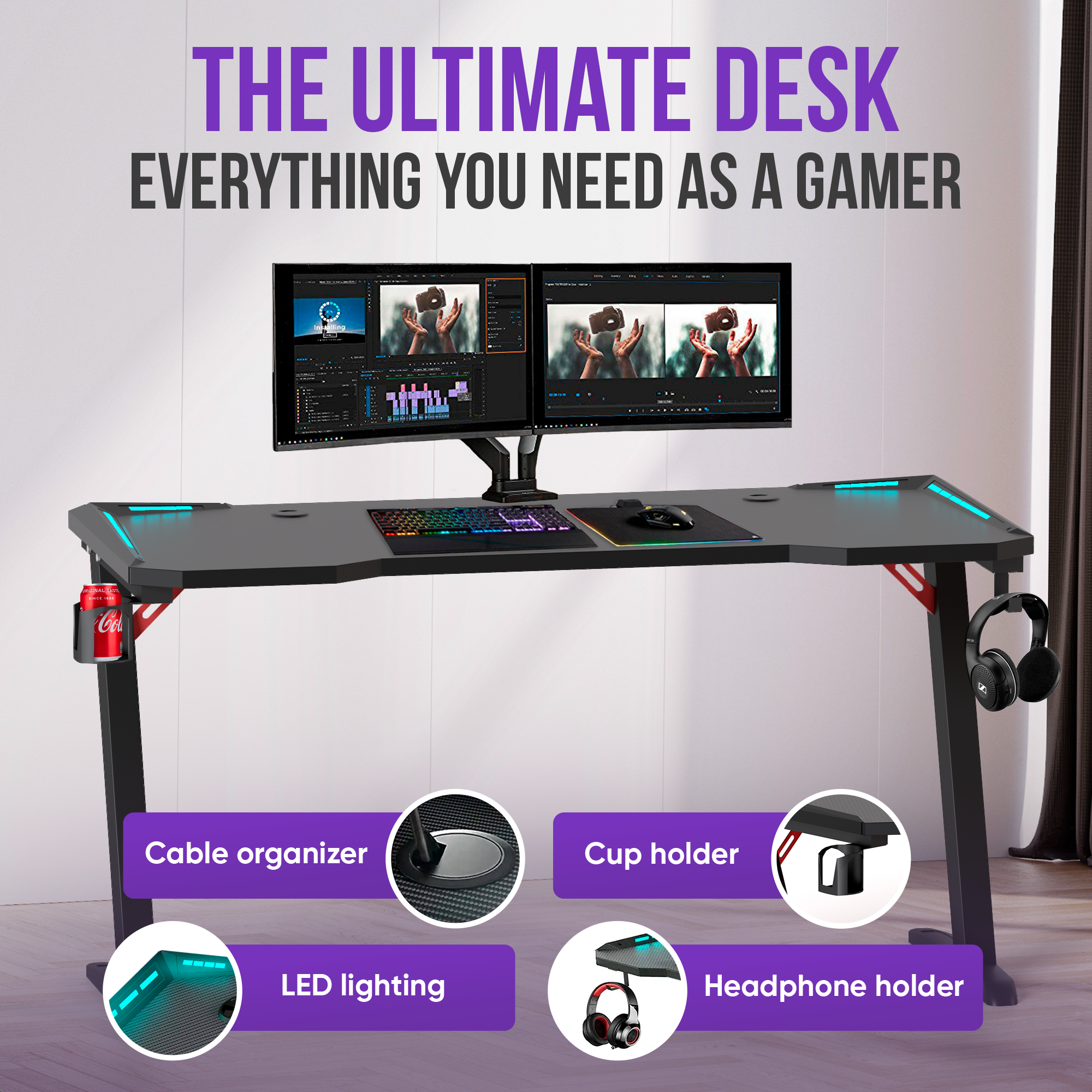 Een gaming bureau met monitoren, accessoires en een 'Cola' blikje. Met kabelorganizer en LED verlichting.
