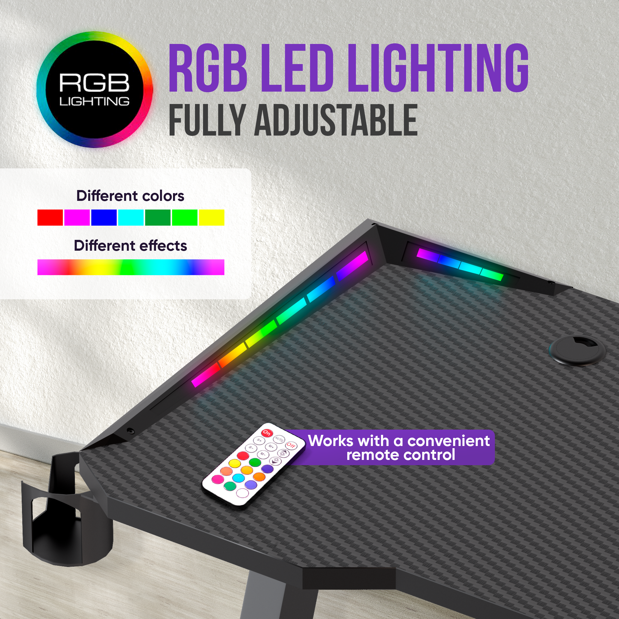 Zwarte gaming desk met RGB LED verlichting en afstandsbediening, met verschillende kleuren en effecten.