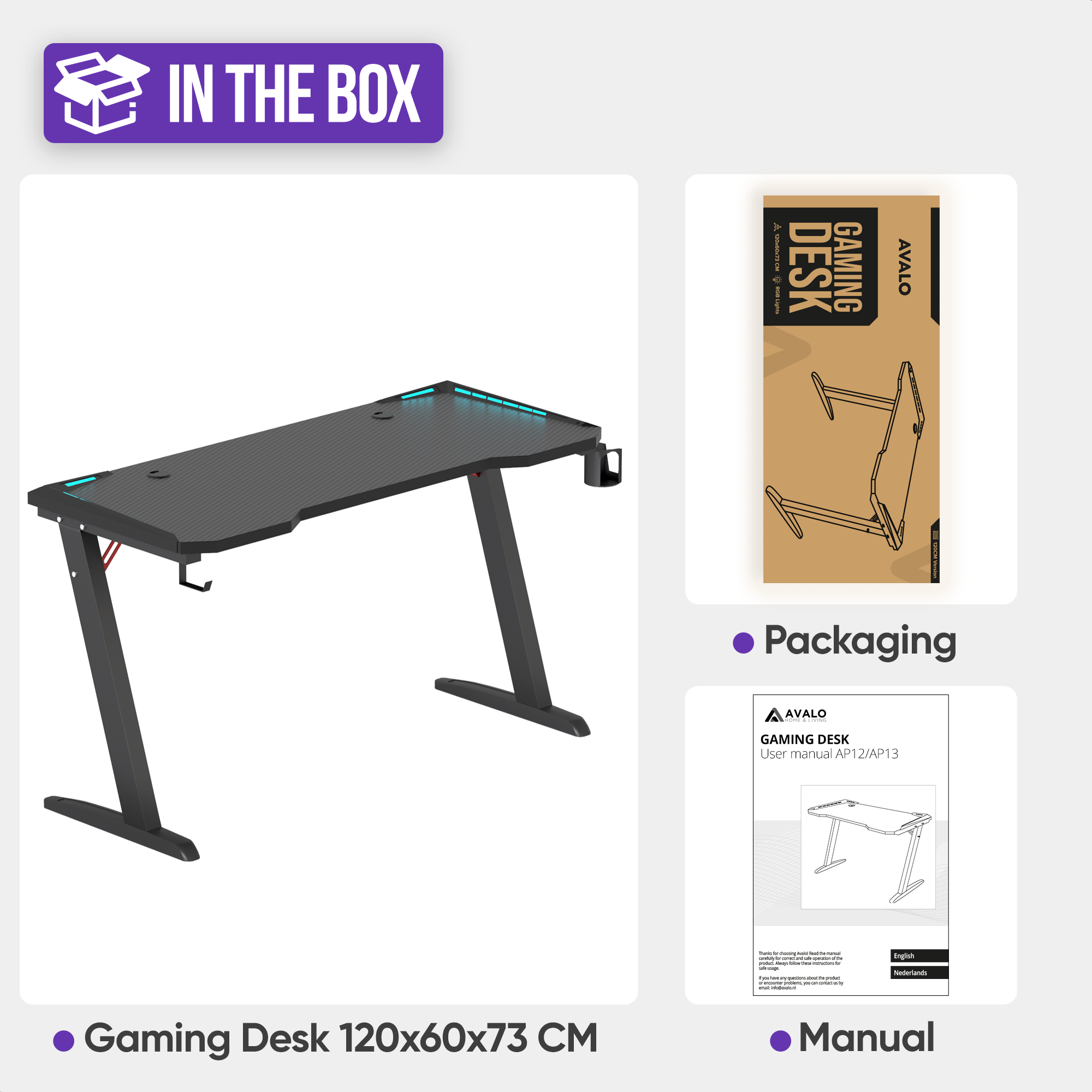 Gaming bureau met zwart blad en poten, verpakking en handleiding worden getoond.