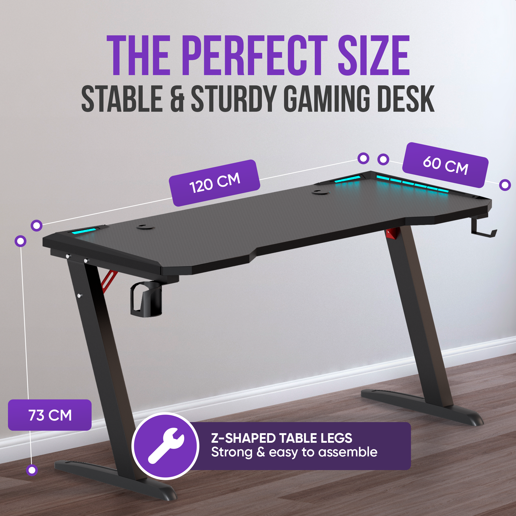 Een zwart gaming bureau met Z-vormige poten. Afmetingen van het bureau worden getoond met labels: 120 cm, 60 cm en 73 cm.