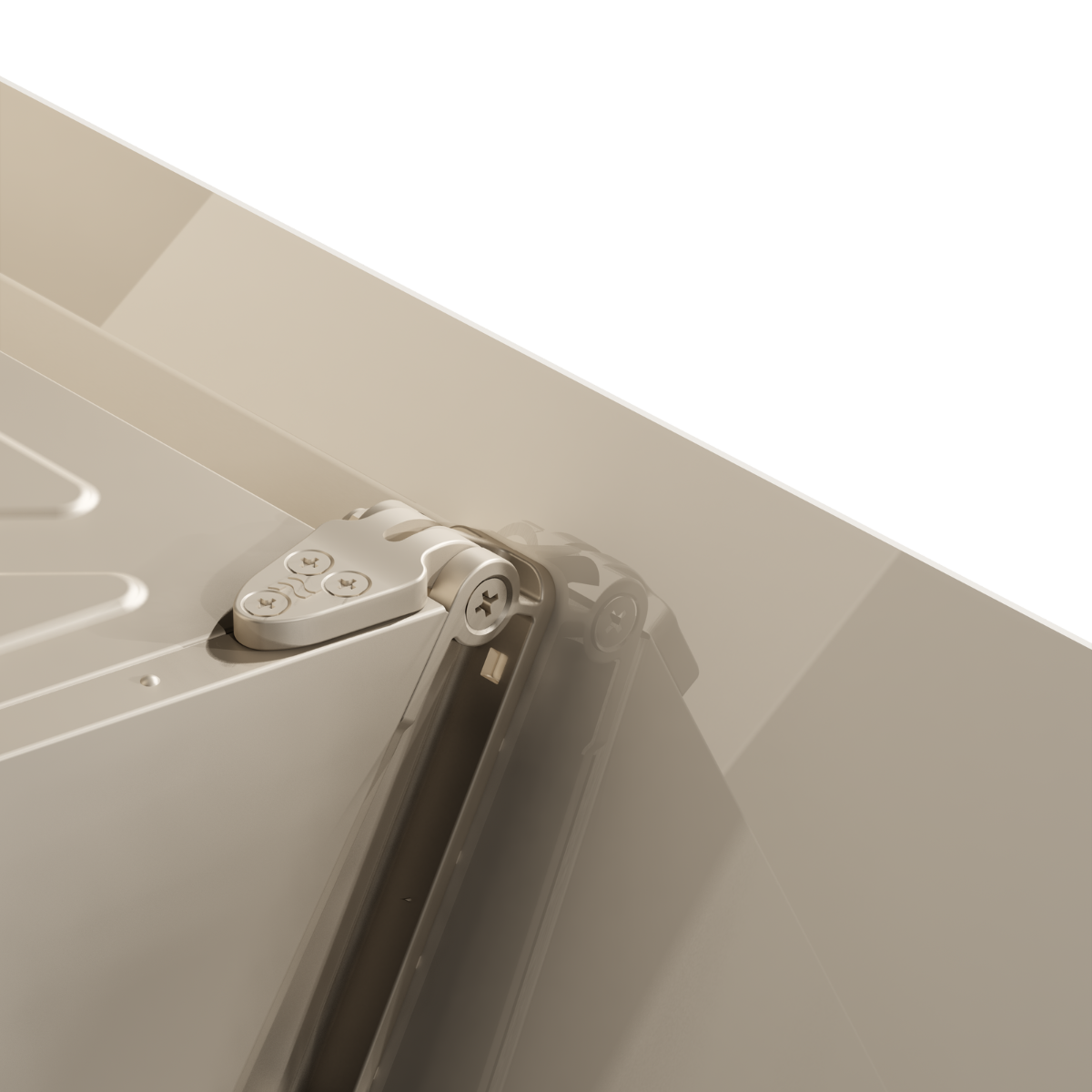 A close-up of a beige corner with a silver hinge. The hinge is attached with screws.