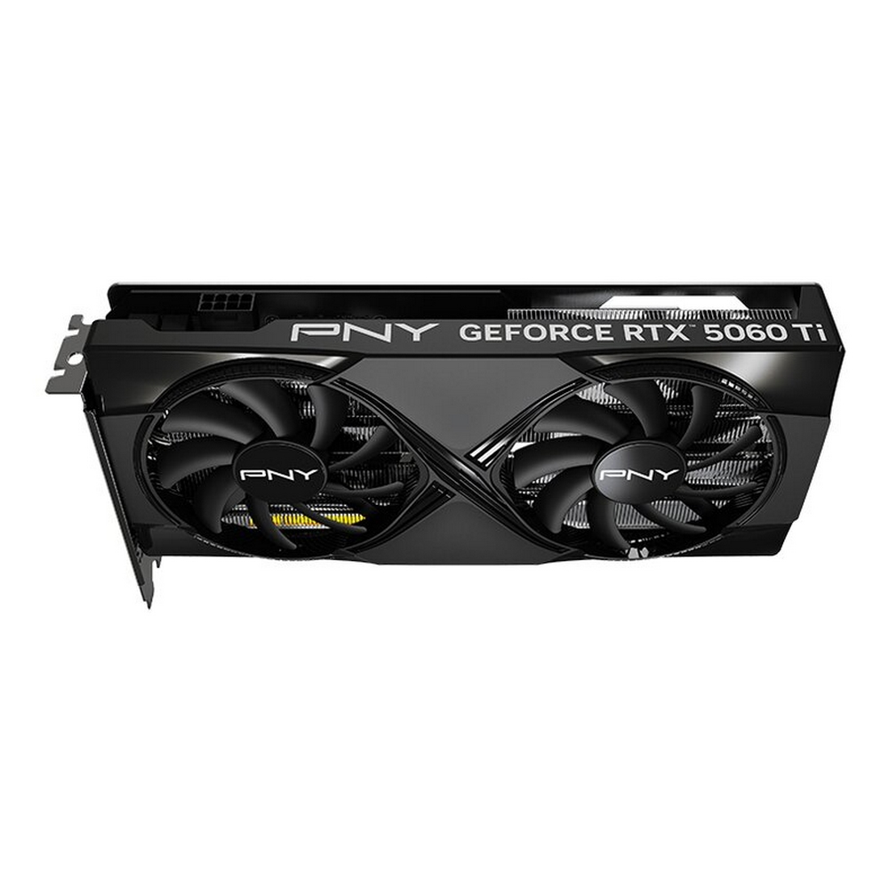 Czarna karta graficzna PNY z dwoma wentylatorami. Karta ma napis 'GEFORCE RTX 3060 Ti'.