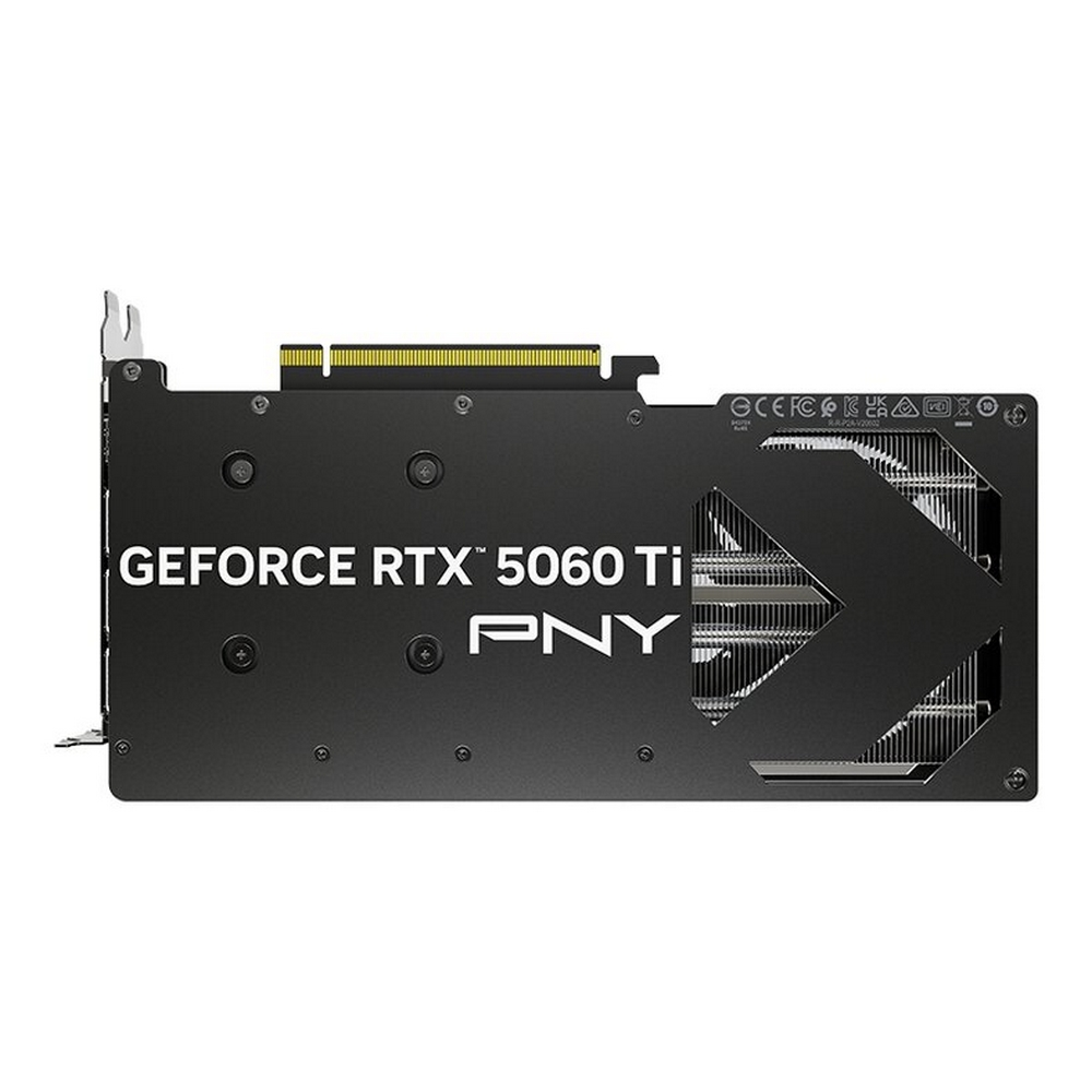 Tył czarnej karty graficznej PNY GeForce RTX 3060 Ti, białe tło.