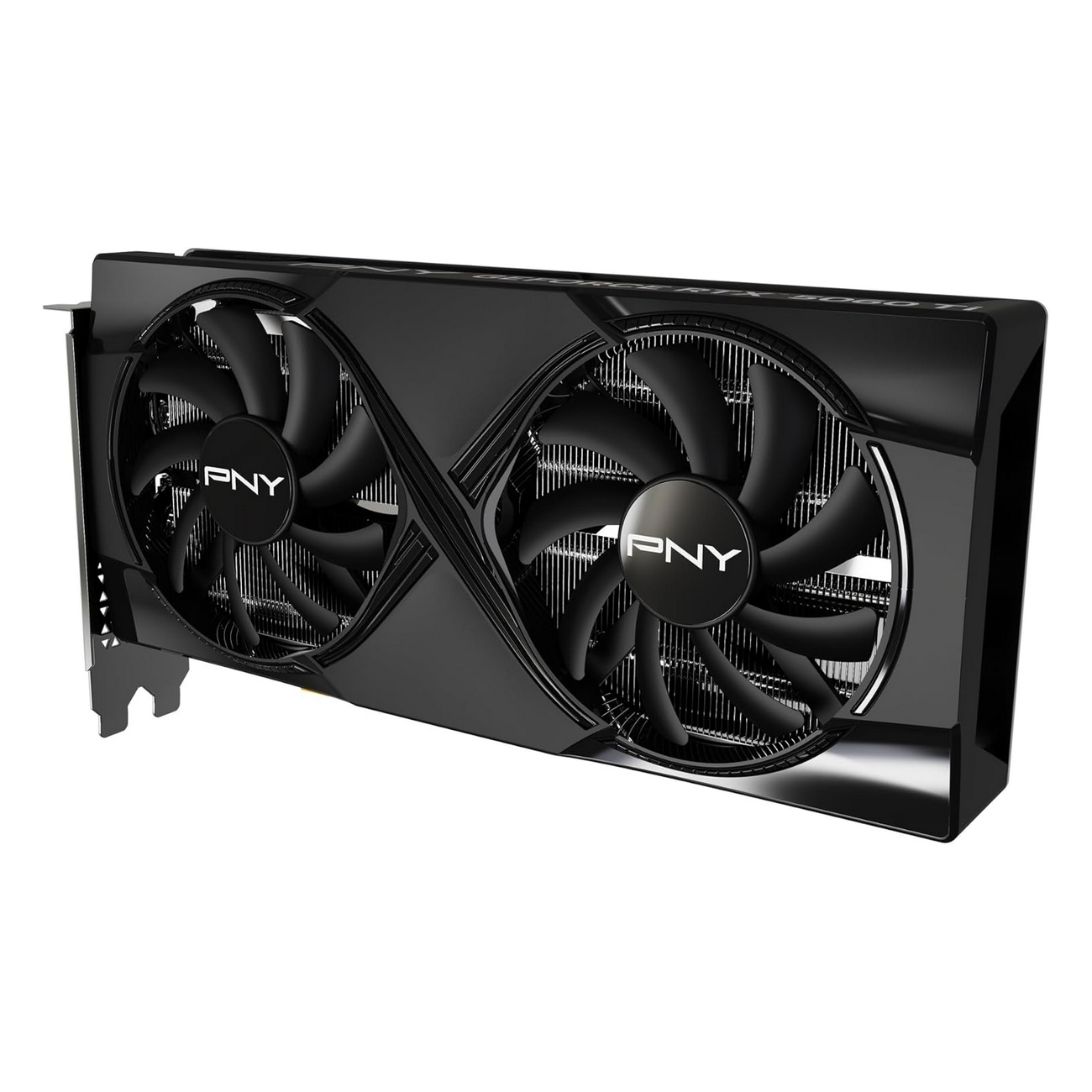 Czarna karta graficzna PNY GeForce RTX z dwoma wentylatorami. Wentylatory mają logo PNY. Białe tło.