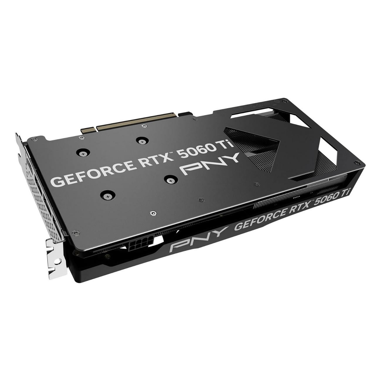 Czarna karta graficzna PNY GeForce RTX 5060 Ti, widok z boku, z białą nazwą marki. Białe tło.