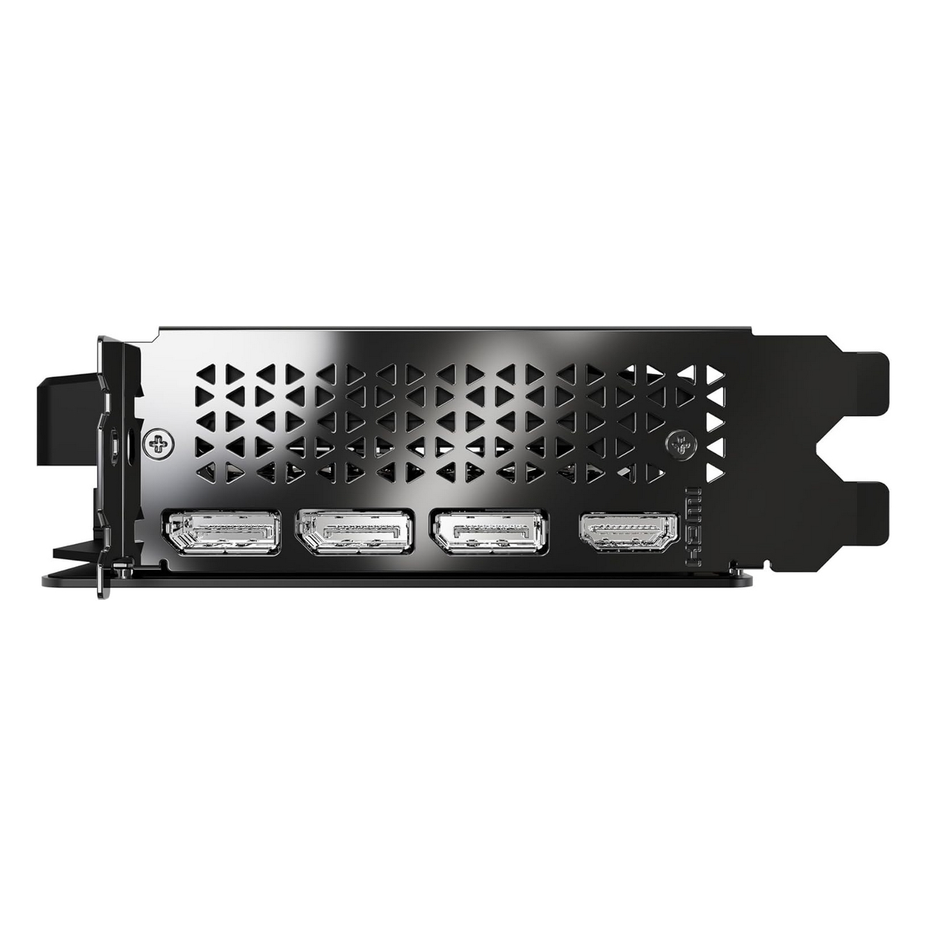 Zbliżenie portów czarnej karty graficznej. Widoczne trzy porty HDMI i inne złącza. Białe tło.