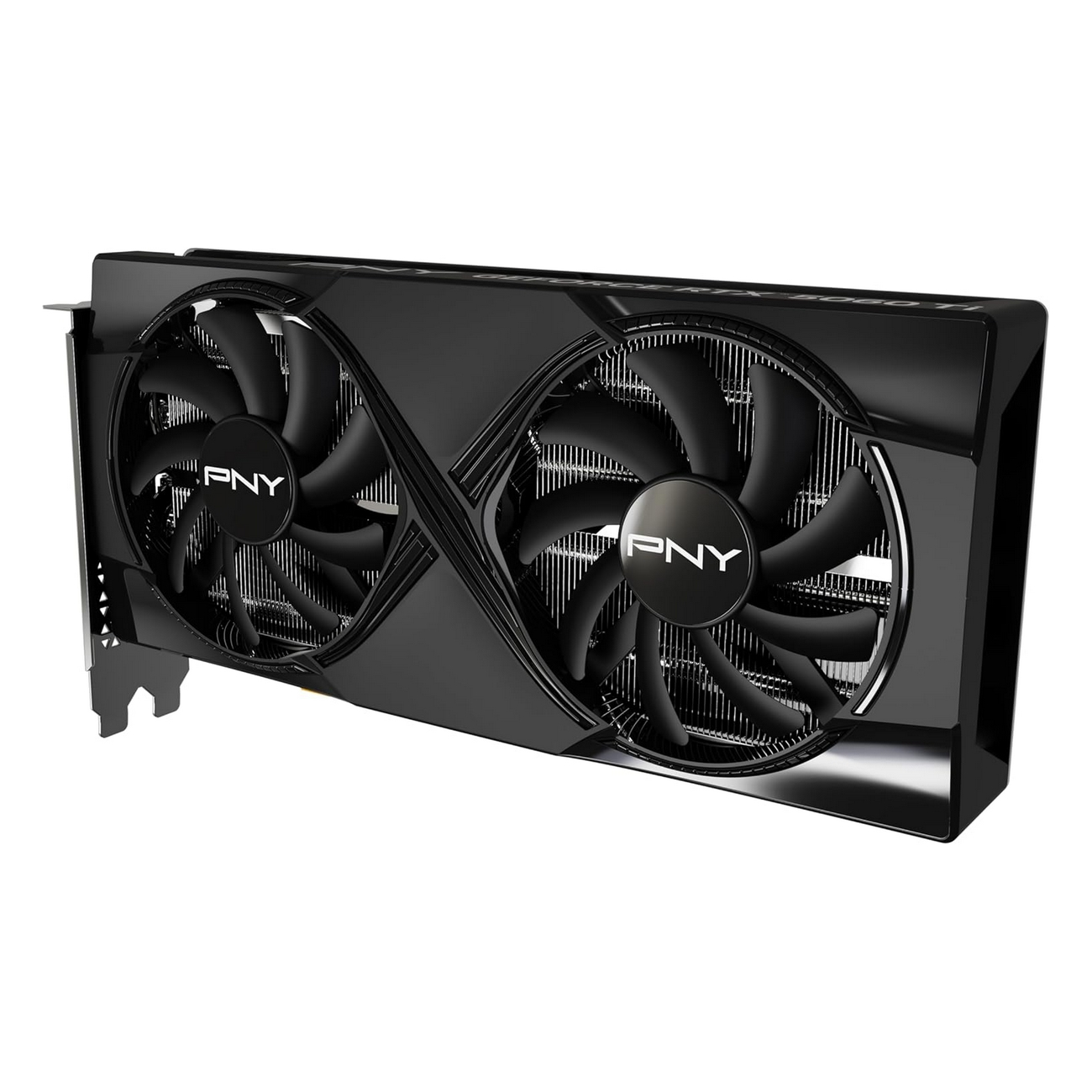 Tarjeta gráfica PNY negra con dos ventiladores. Logo PNY blanco en ventiladores negros.