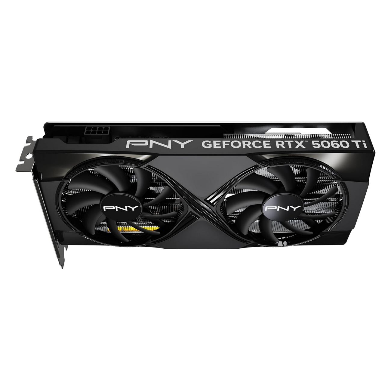 Una tarjeta gráfica PNY GeForce RTX 5060 Ti negra con dos ventiladores sobre fondo blanco.