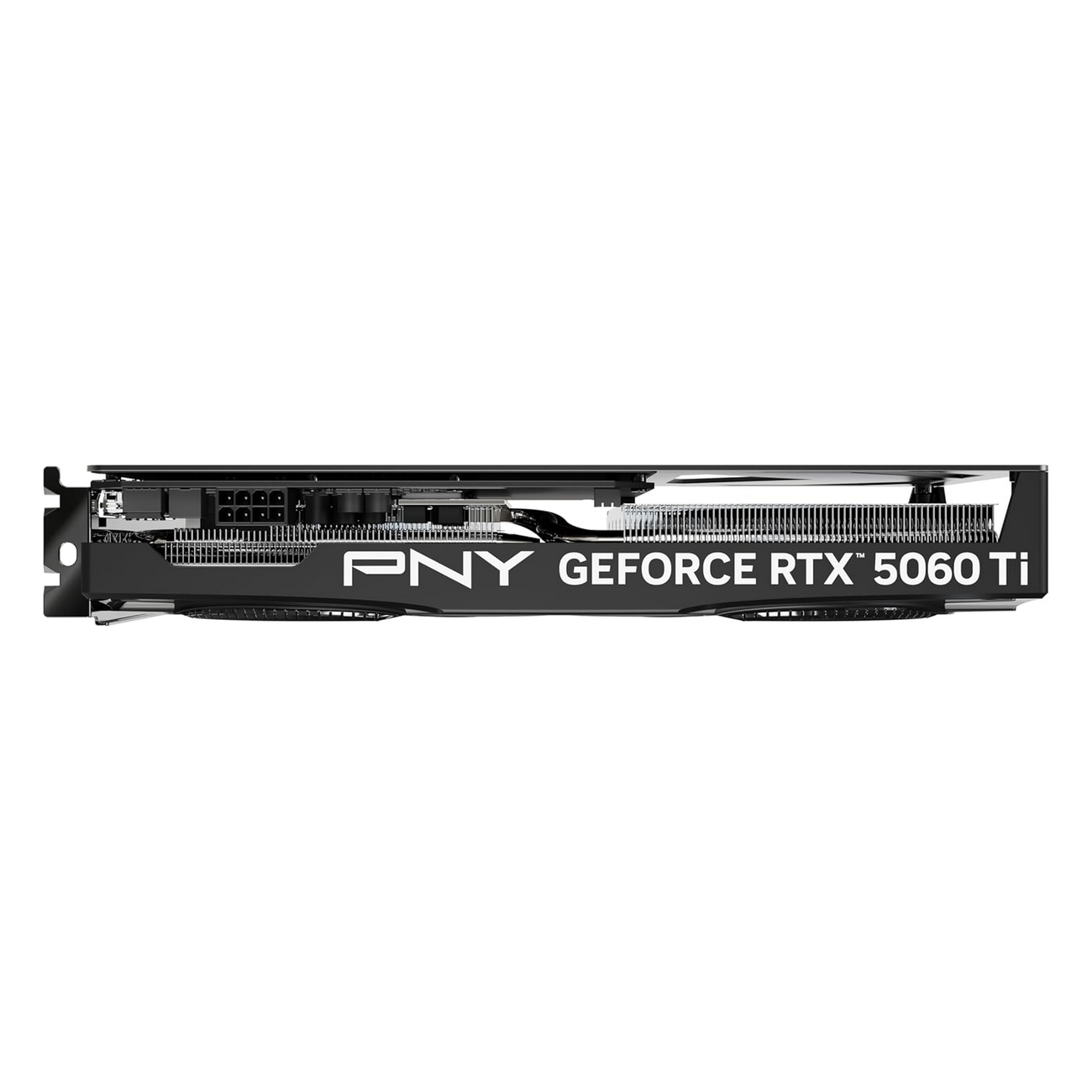 Tarjeta gráfica PNY GeForce RTX 5060 Ti con carcasa negra y disipador plateado.