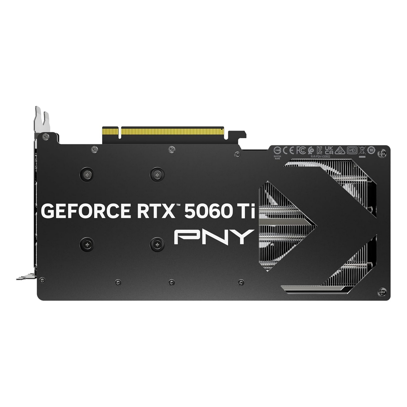 Tarjeta gráfica PNY GeForce RTX 5060 Ti, negra, con aletas de disipador plateadas.
