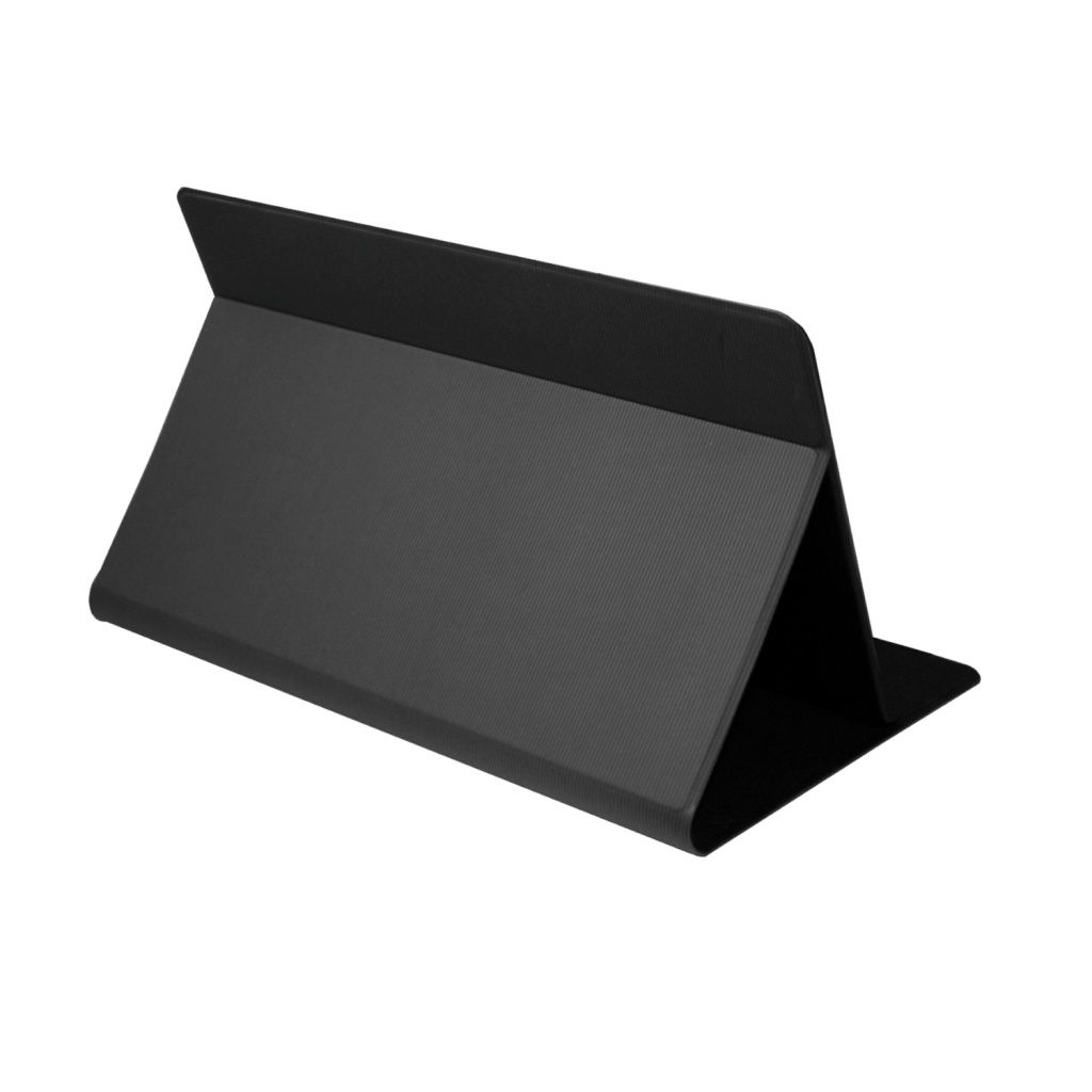 Se muestra una funda negra para tableta, abierta. La funda es rectangular con un frente texturizado y una parte superior lisa y plegada.