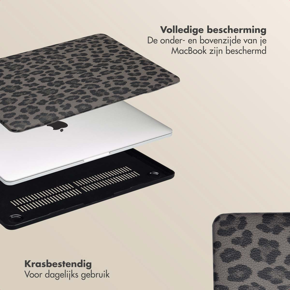 Laptop case layers. The case is gray leopard print. The laptop is on a white background.