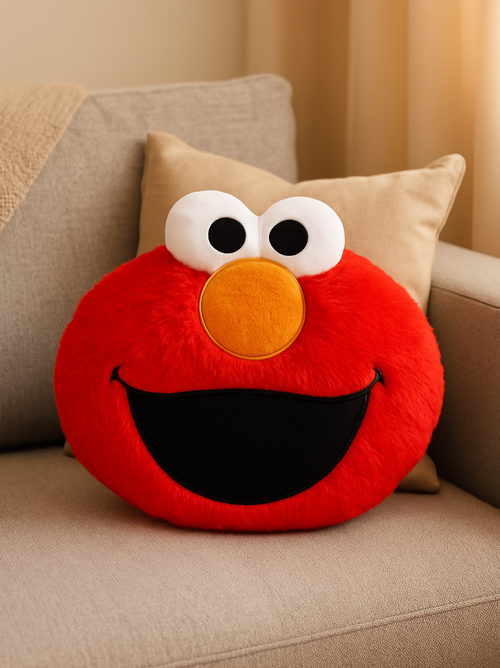 Ein rotes Elmo-Plüschkissen auf einer beigen Couch. Elmo hat weiße Augen, eine orange Nase und einen schwarzen Mund. Ein beiges Kissen dahinter.