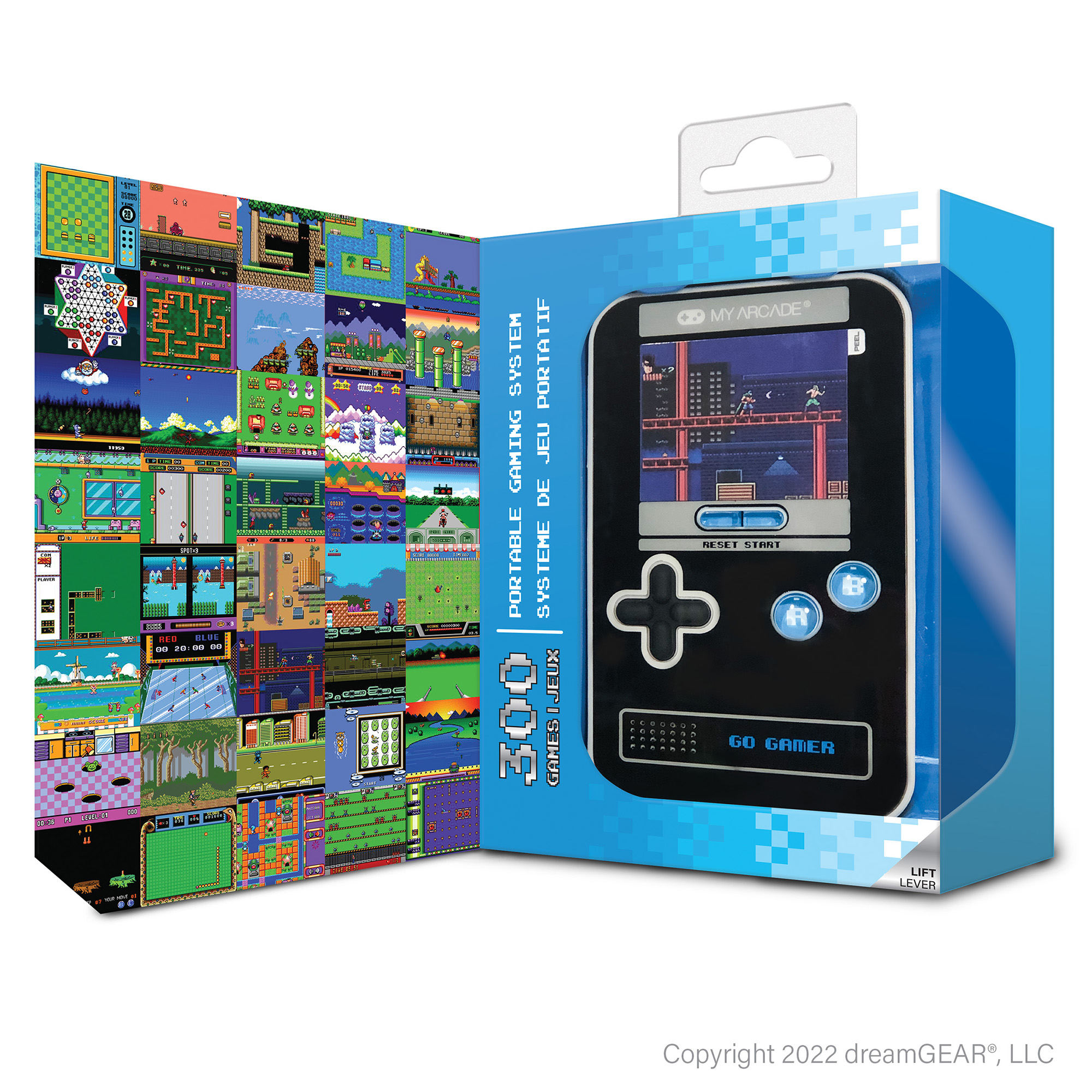 Un sistema di gioco portatile retrò in una scatola. Ha uno schermo e pulsanti. La scatola mostra screenshot.