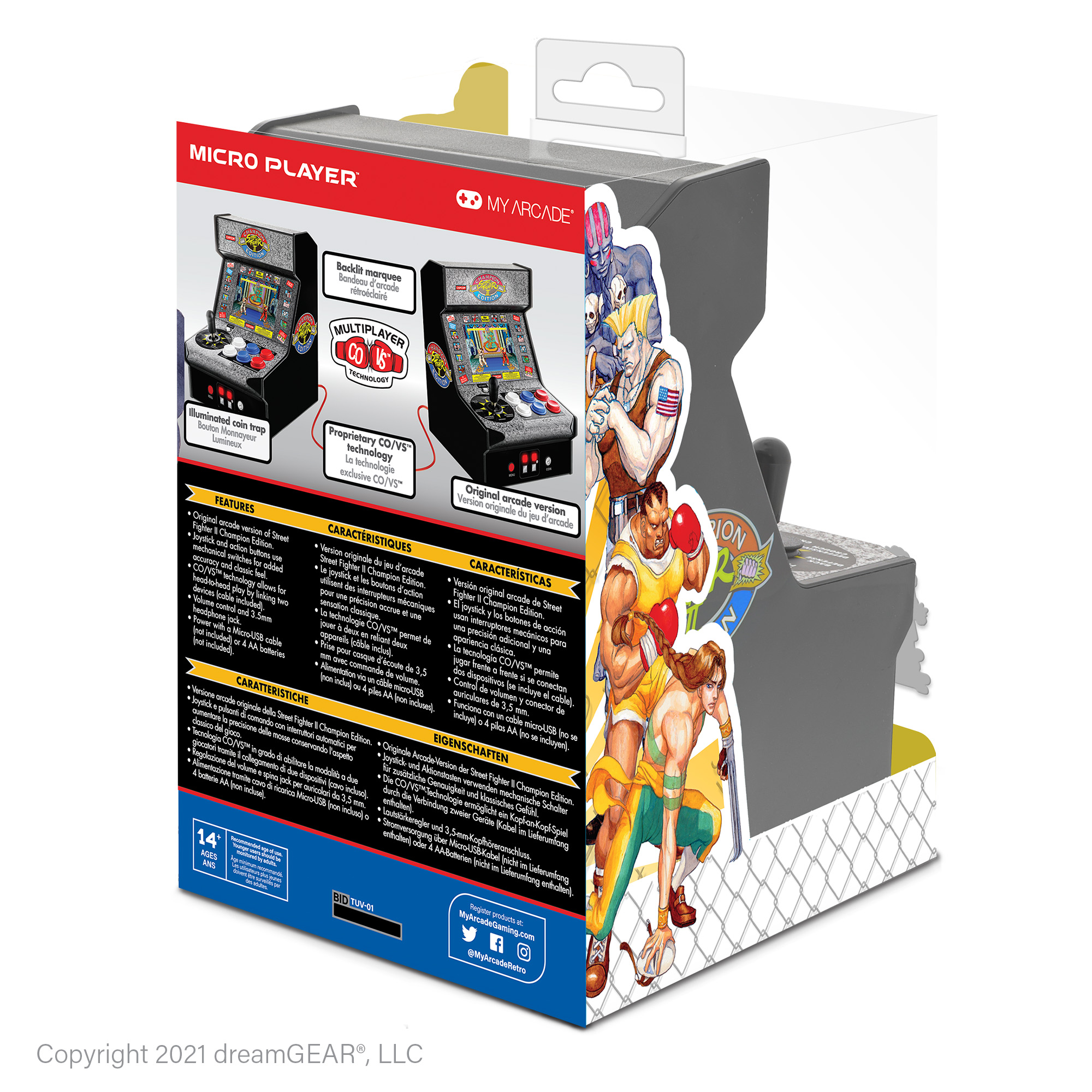 Caja de un juego de arcade Micro Player, con detalles del juego, fotos de personajes y una ventana de plástico transparente.
