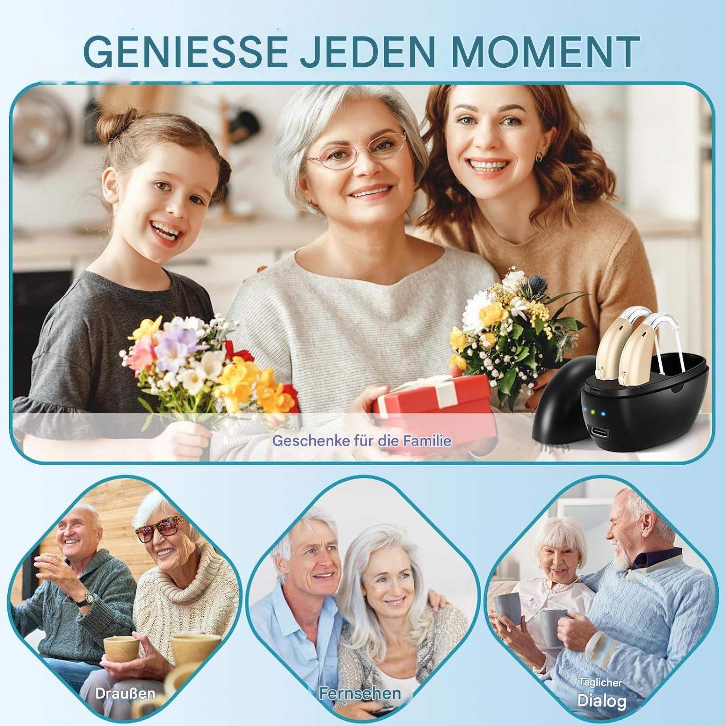 Drei Generationen von Frauen lächeln, mit einer Ladestation mit Hörgeräten. Weitere Bilder zeigen Menschen, die das Leben mit Hörgeräten genießen.
