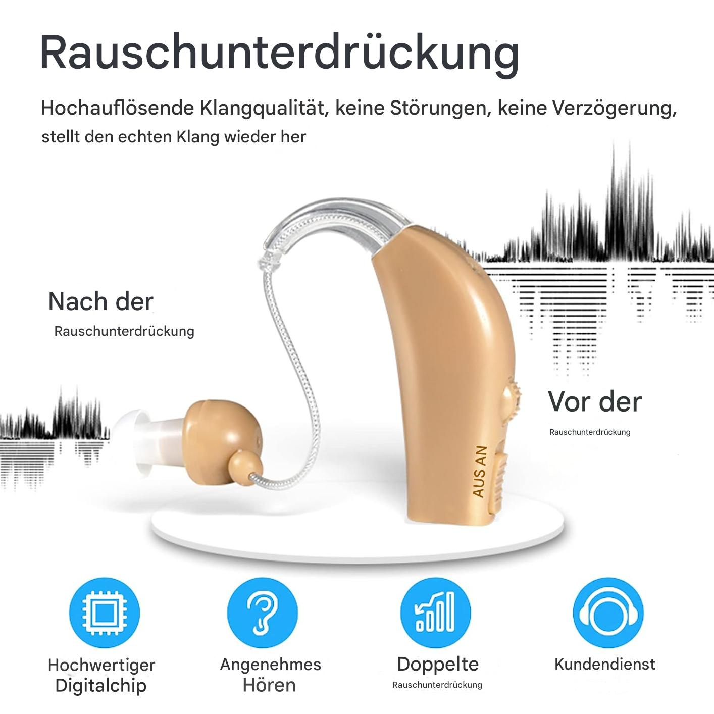 Ein beiges Hörgerät mit deutschem Text. Es enthält ein Diagramm, das den Klang vor und nach der Rauschunterdrückung zeigt.