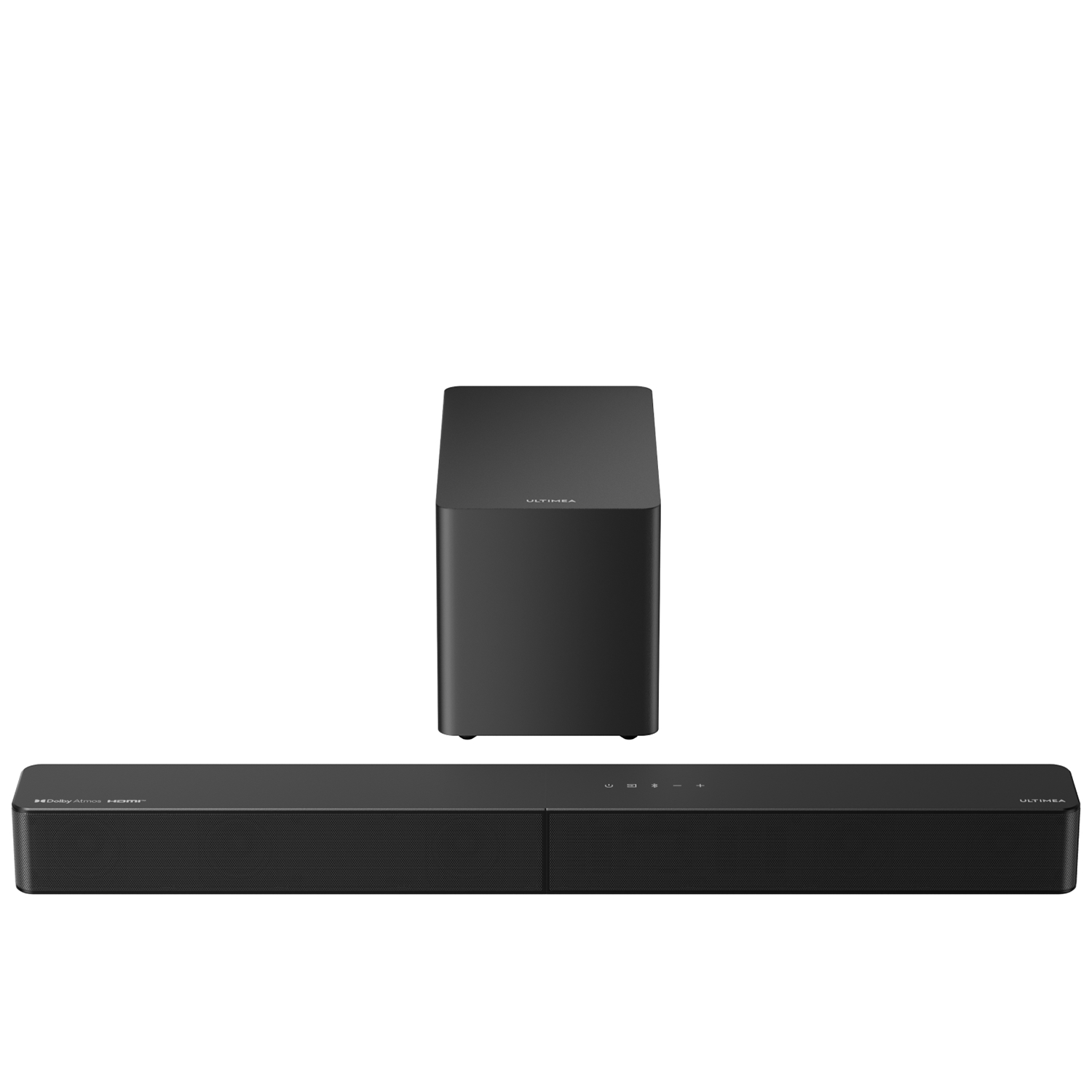 Eine schwarze Soundbar mit einem Subwoofer. Es ist ein Heimkinosystem, wobei die Soundbar vor dem Subwoofer platziert ist.