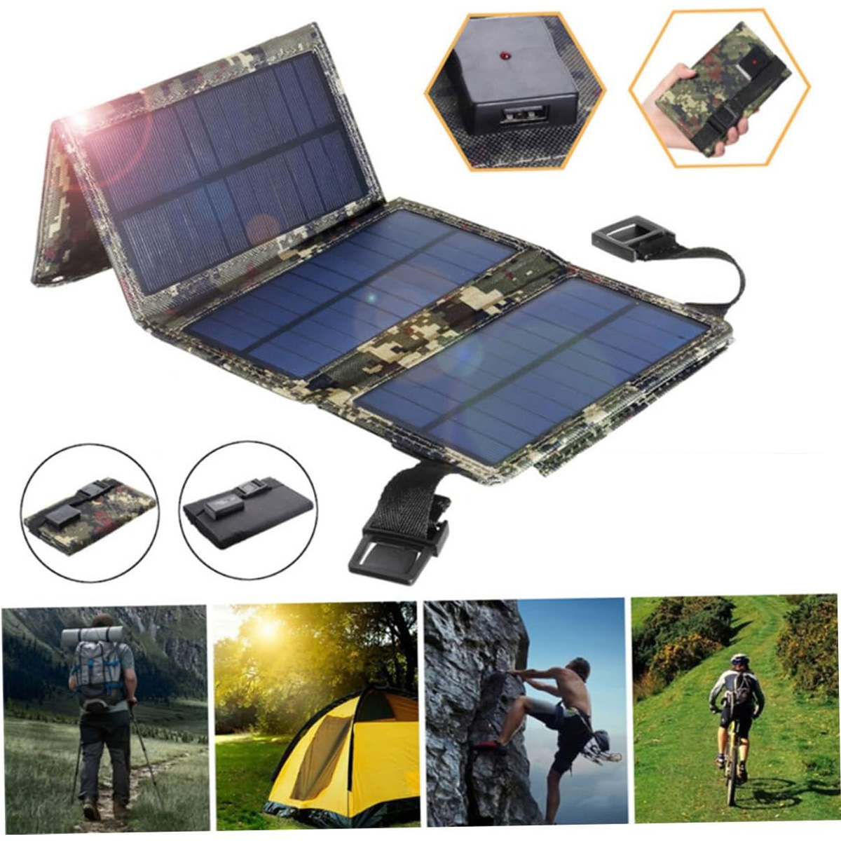 Faltbares Solarpanel mit Tarnmuster, offen gezeigt, mit kleinen Zubehörbildern und Szenen im Freien.