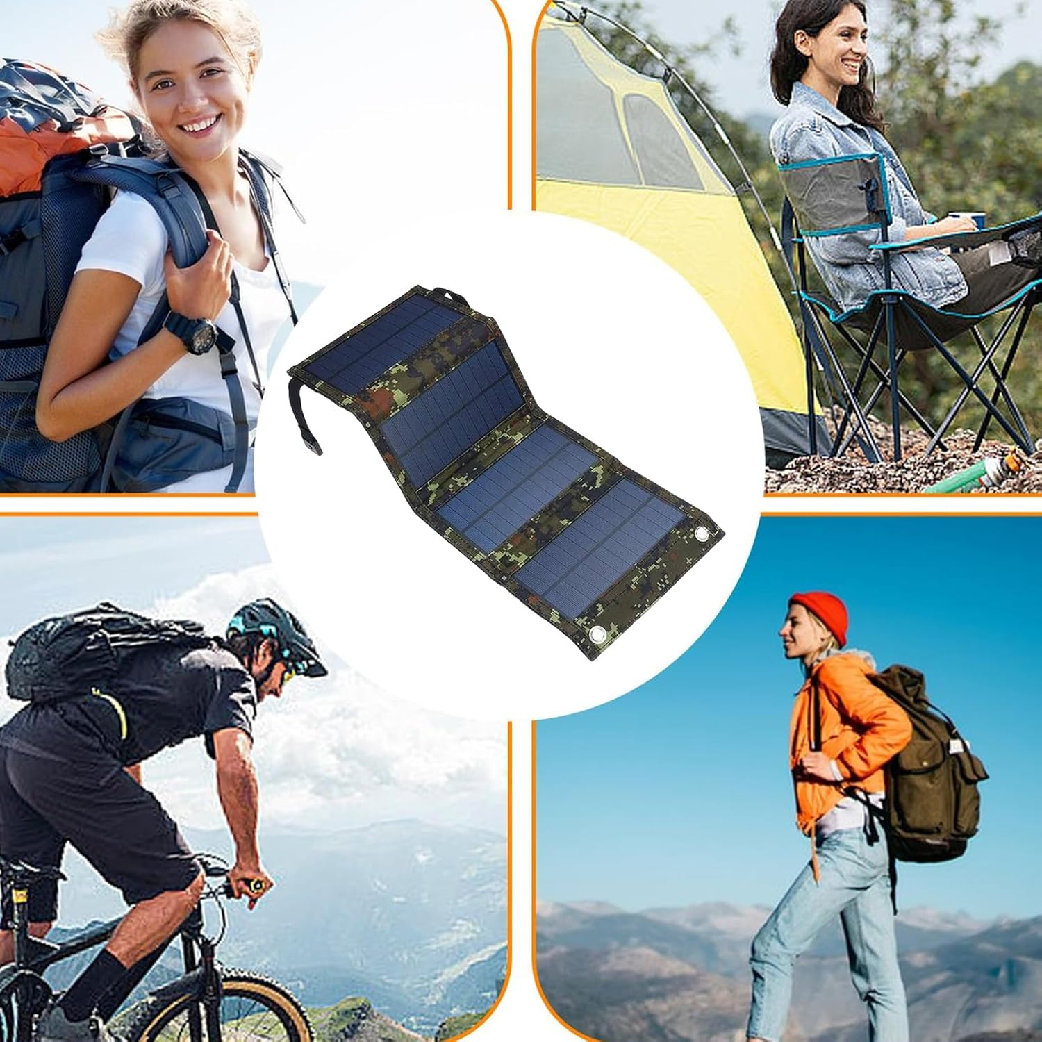 Ein Solarpanel liegt auf einem Tisch. Im Hintergrund sind Menschen beim Wandern, Radfahren und Campen zu sehen.