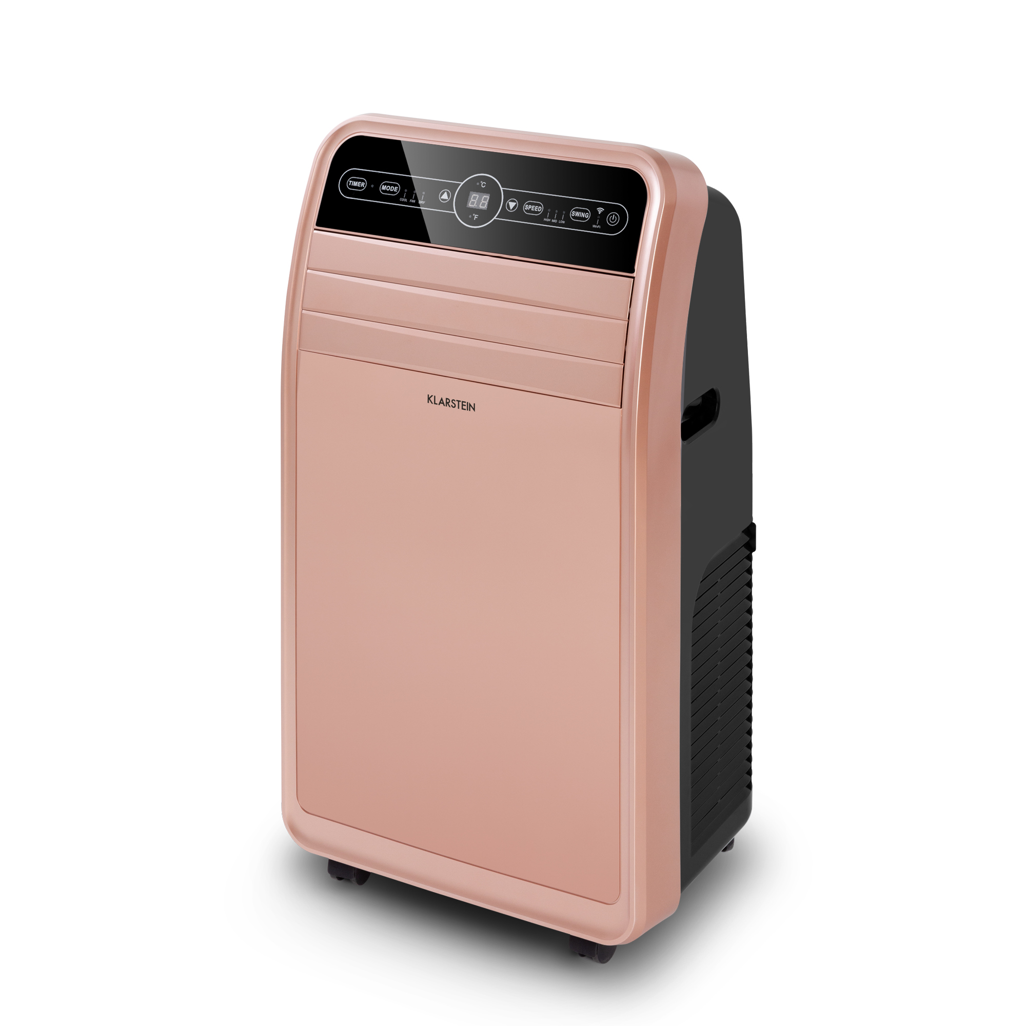 Ein roségoldenes Klimagerät mit Bedienelementen oben. Es hat eine schwarze Rückseite und ist leicht angewinkelt.