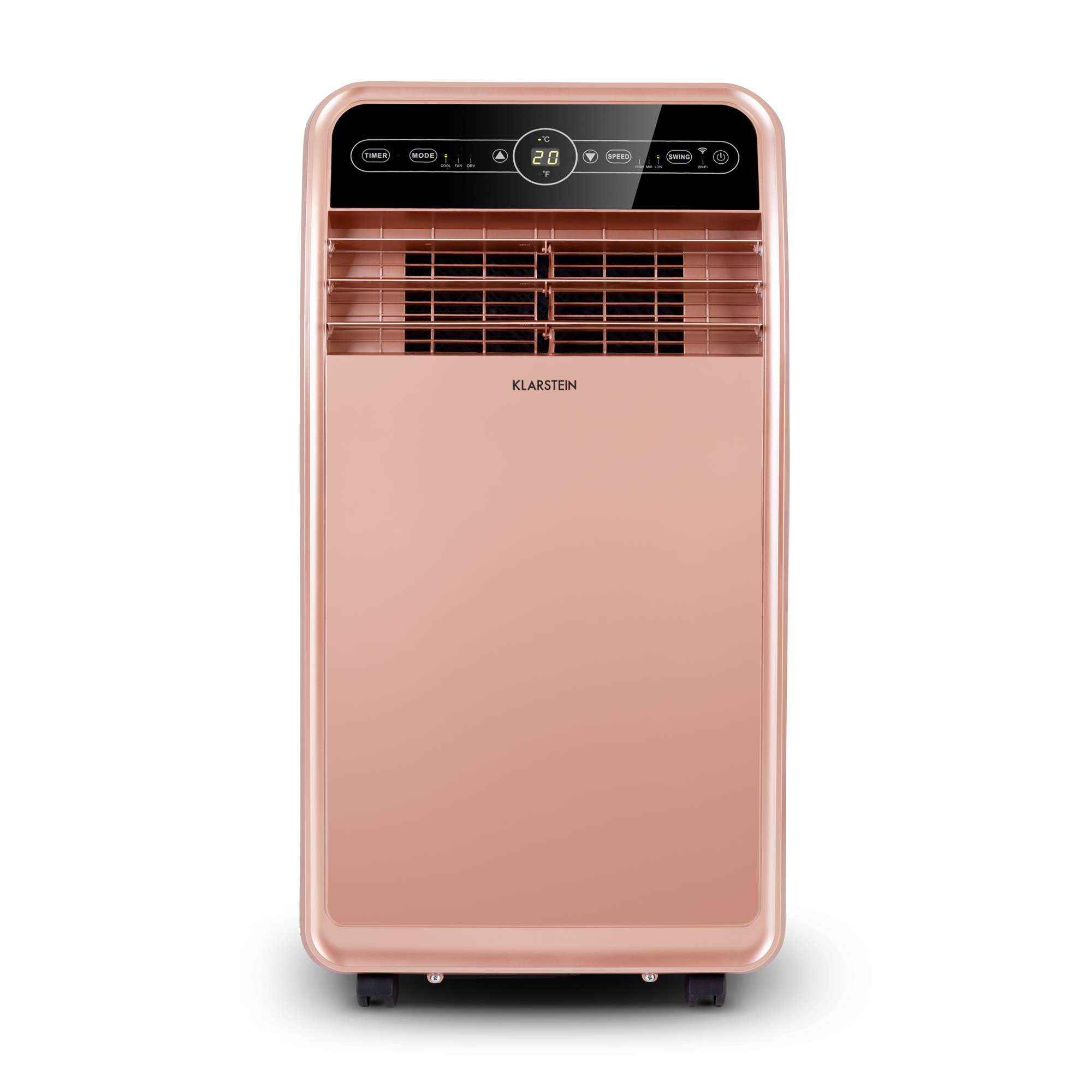 Ein roségoldenes Klimagerät mit Bedienelementen oben. Es steht vor weißem Hintergrund. Die Marke ist Klarstein.